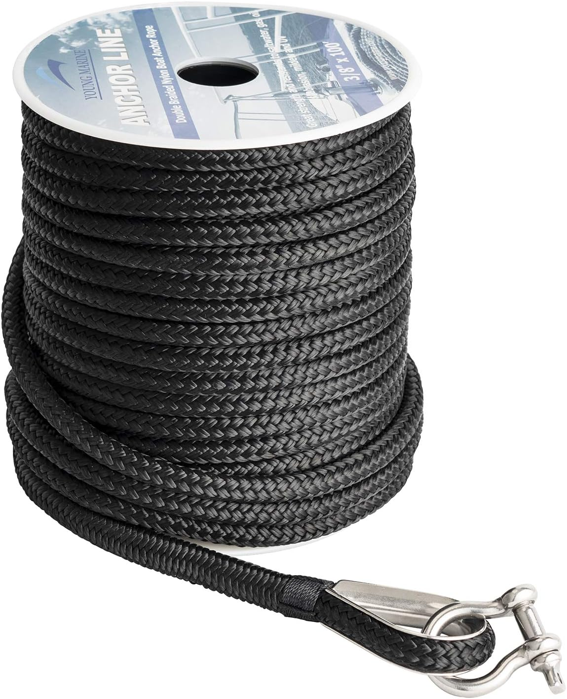 Young Marine Made 3/8 Inch 100FT 150FT Black Nylon Anchor Line Double Braided Anchor Rope/Line with Thimble (3/8" X 150') image number 3