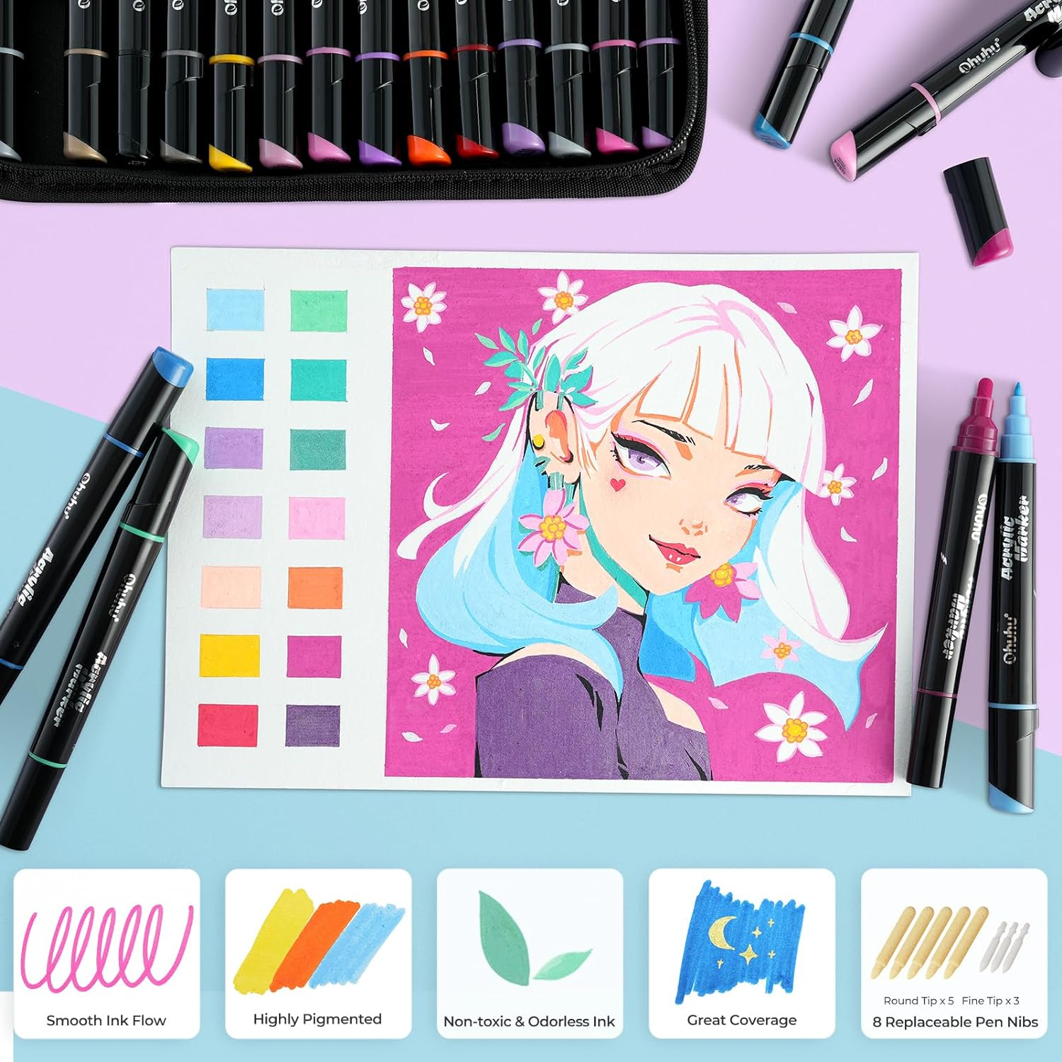 Ohuhu Acrylic Paint Pens 60 Colors: Dual Tips (Round & Fine) Acrylic Markers High Opacity Paint Markers Waterproof Lightfast for Rock Painting Easter Eggs Wood Glass Ceramic Canvas - Kakaako