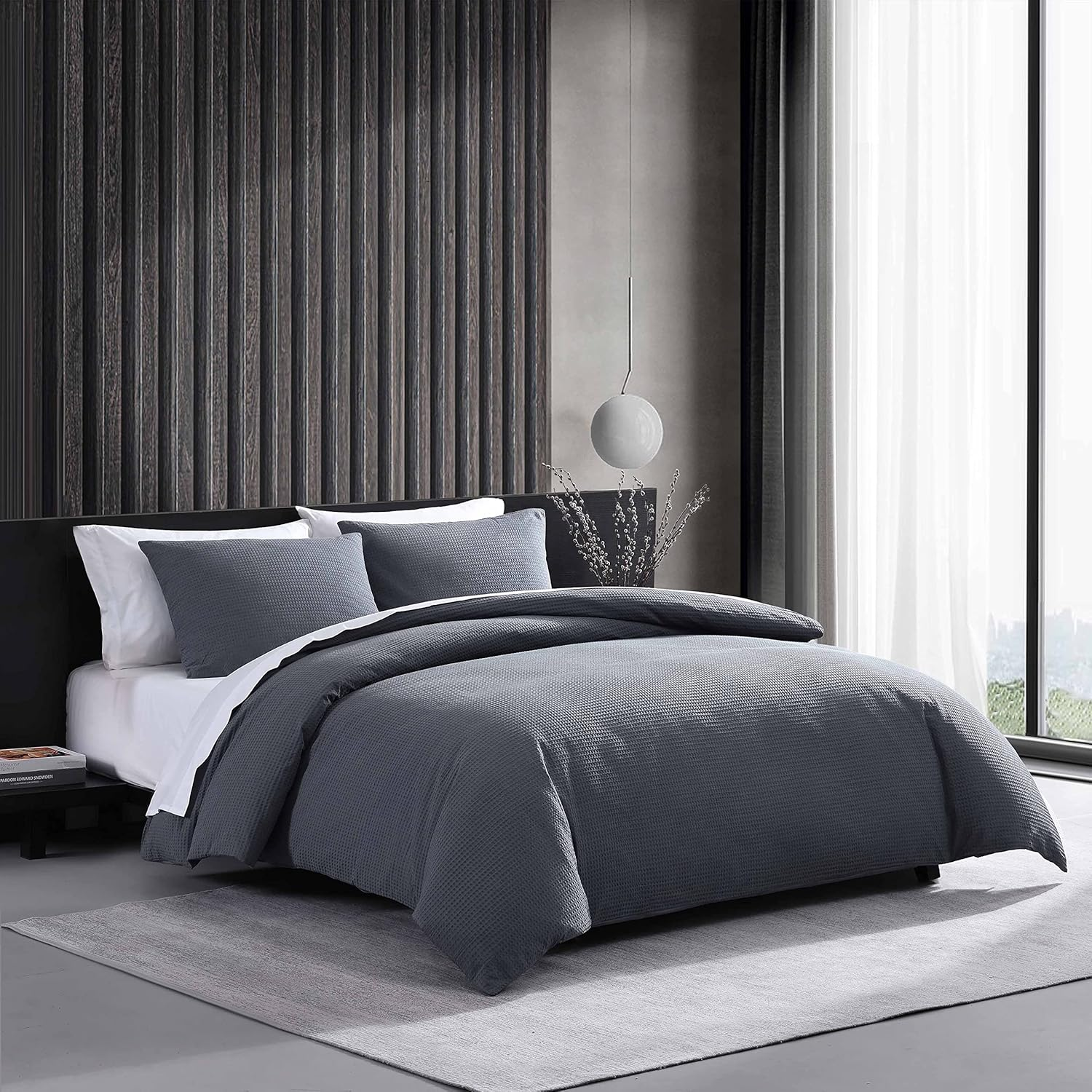 Vera Wang - King Duvet Cover Set, Luxury Cotton Bedding with Button Closure, Includes Matching Shams (Waffle Pique Pewter Grey, King) image number 3