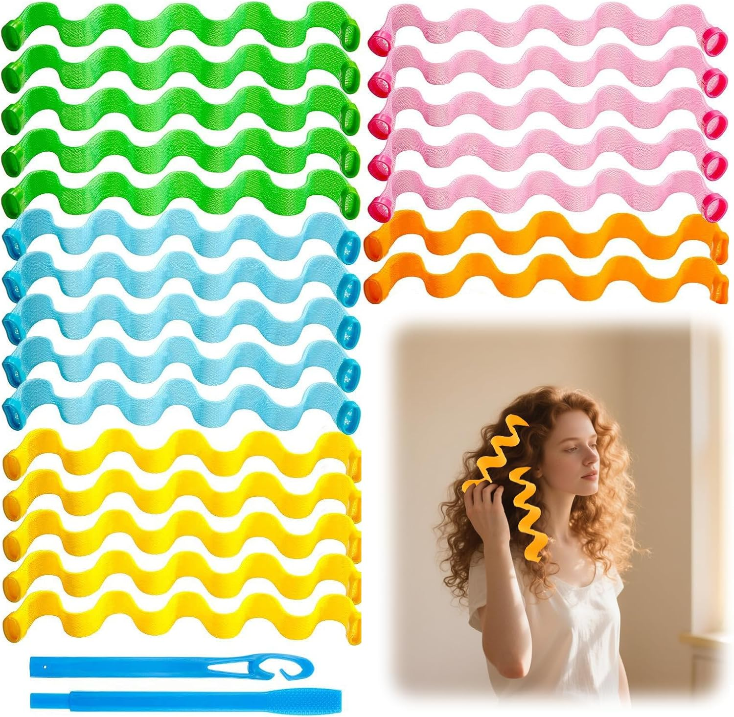 Nhgkju Set of 30 Heatless Hair Rollers - Spiral Wave - 6 Colours (Pink, Orange, Purple, Green, Blue, Yellow) - Ideal for Shoulder Length Hair - No Heat Processing. Includes 2 Styling Rods image number 2