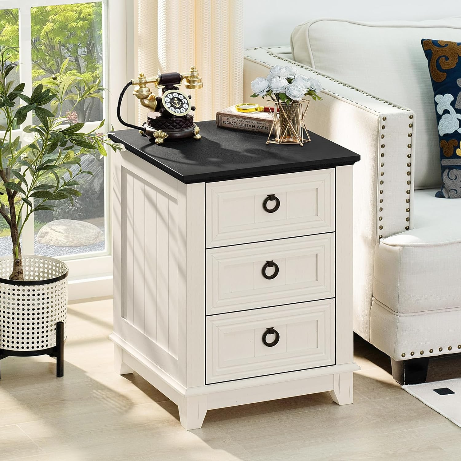 LELELINKY 18" Farmhouse Night Stand with 3 Drawers, Wood End Table Dresser for Bedroom, White Nightstand, Bed Side Table with Metal Handle, Bedside Cabinet for Bedroom Living Room, Closet, Office image number 5