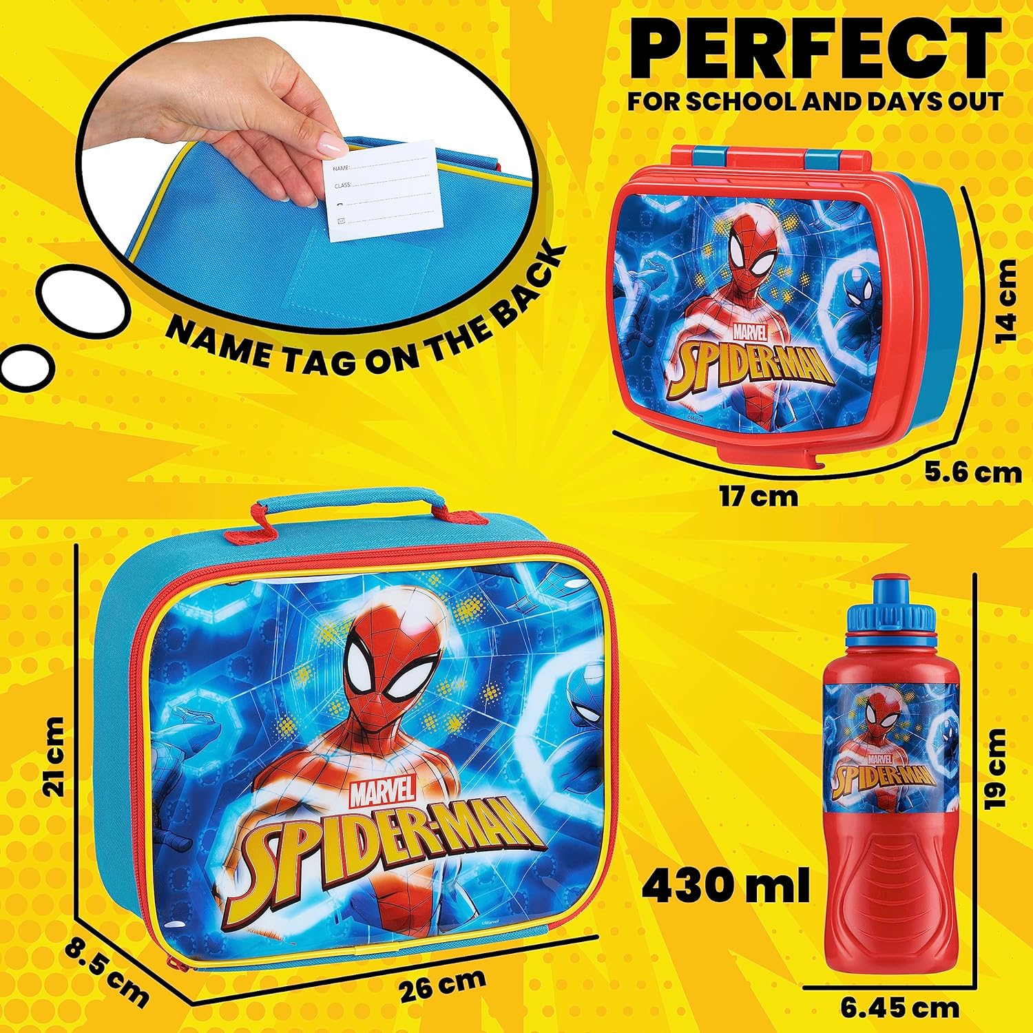 Marvel Kids Lunch Box 3 Piece Set Avengers Insulated Lunch Bag Snack Box 430Ml Spiderman Water Bottle BPA Free School Travel Captain America Iron Man Thor (Multicolor Spiderman) image number 1