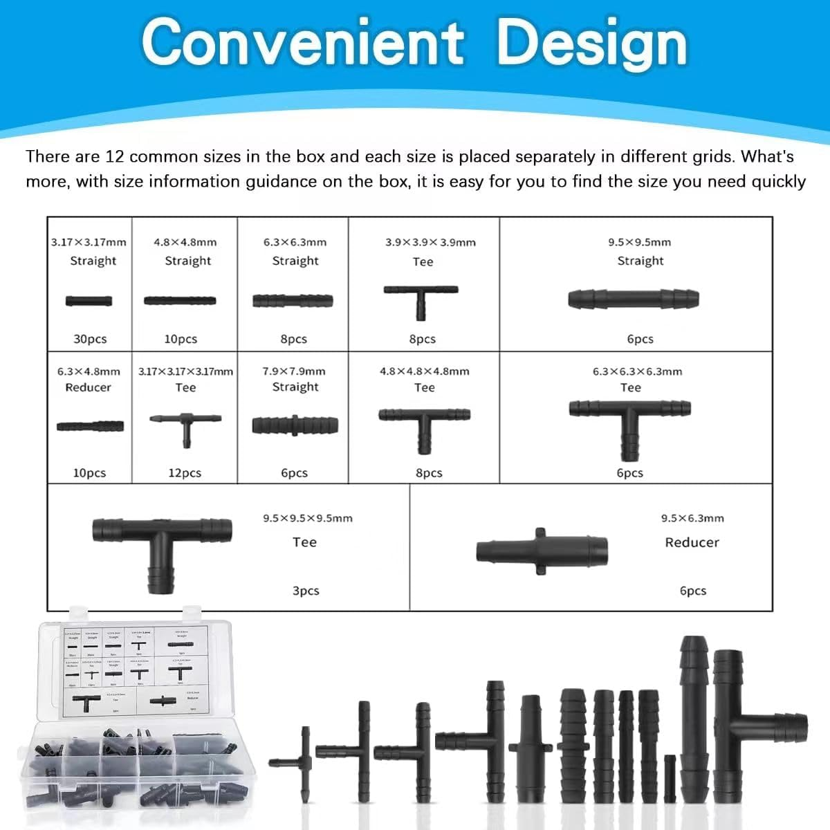 113 Pcs Vacuum Connector Kit, Including Hose Tee Connectors and Hose Reducer Connectors, 12 Sizes Automotive Vacuum Tubing Connector for Replacing Vacuum Hoses image number 3