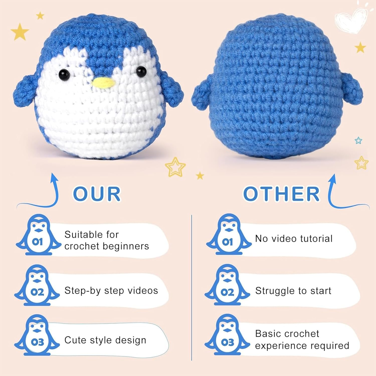 PACIOCEAN Beginner Crochet Kit,All-In-One Stuffed Animal Knitting Sets,Diy Penguin Crochet Kits with Step-By-Step Instruction and Video Tutorials（Penguin） image number 3