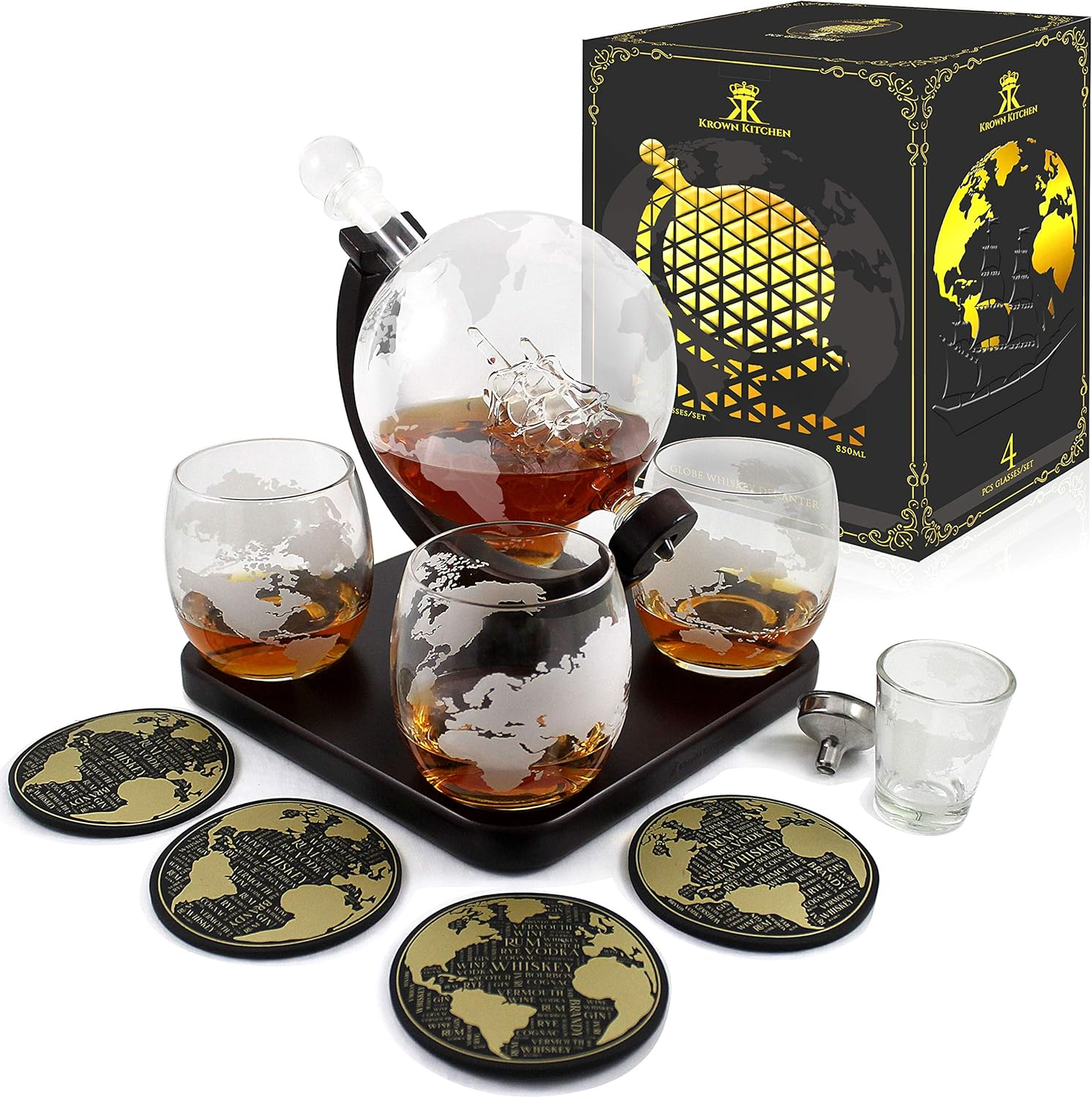 Krown Kitchen - Globe Decanter Gift Set. Includes Wood Base, 4 Glasses, 4 Coasters, Shot Glass, and Funnel. image number 1