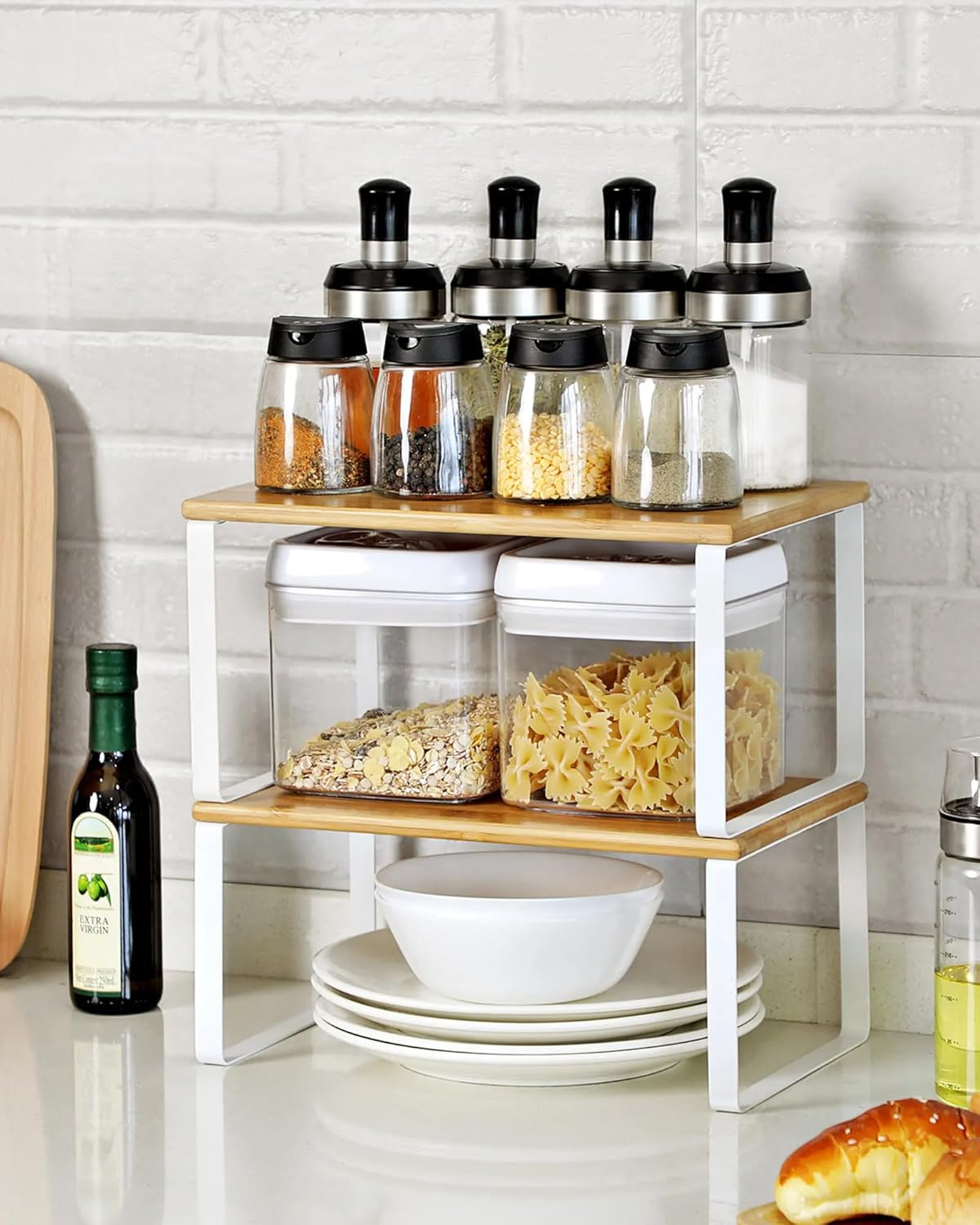 Cabinet Shelf Organizers Spice Rack, Set of 2, Kitchen Cabinet and Counter Shelf Organizer, Storage Shelves for Countertop, Stackable & Expandable, Metal White, Nature, 19.5 X 29.7 X 15.8 Cm image number 3