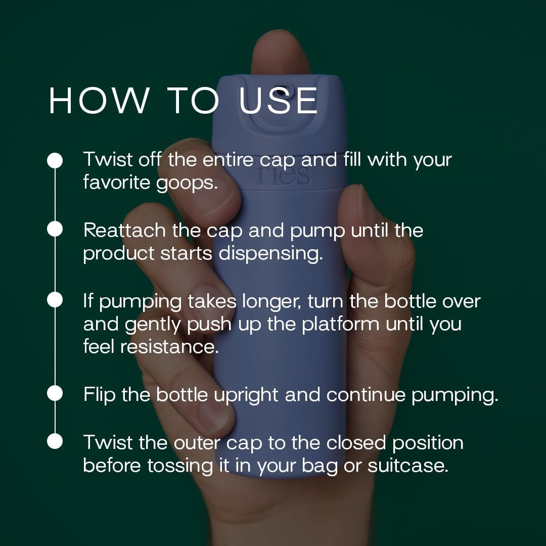 RIES Essential Refillable Toiletry Travel Bottles &ndash; Set of 5 (3.4Oz & 1.7Oz) Airless Pump Containers for Shampoo, Conditioner, Body, Face &ndash; Leak-Proof, Tsa-Approved, Dishwasher Safe- Runaway Blue image number 6