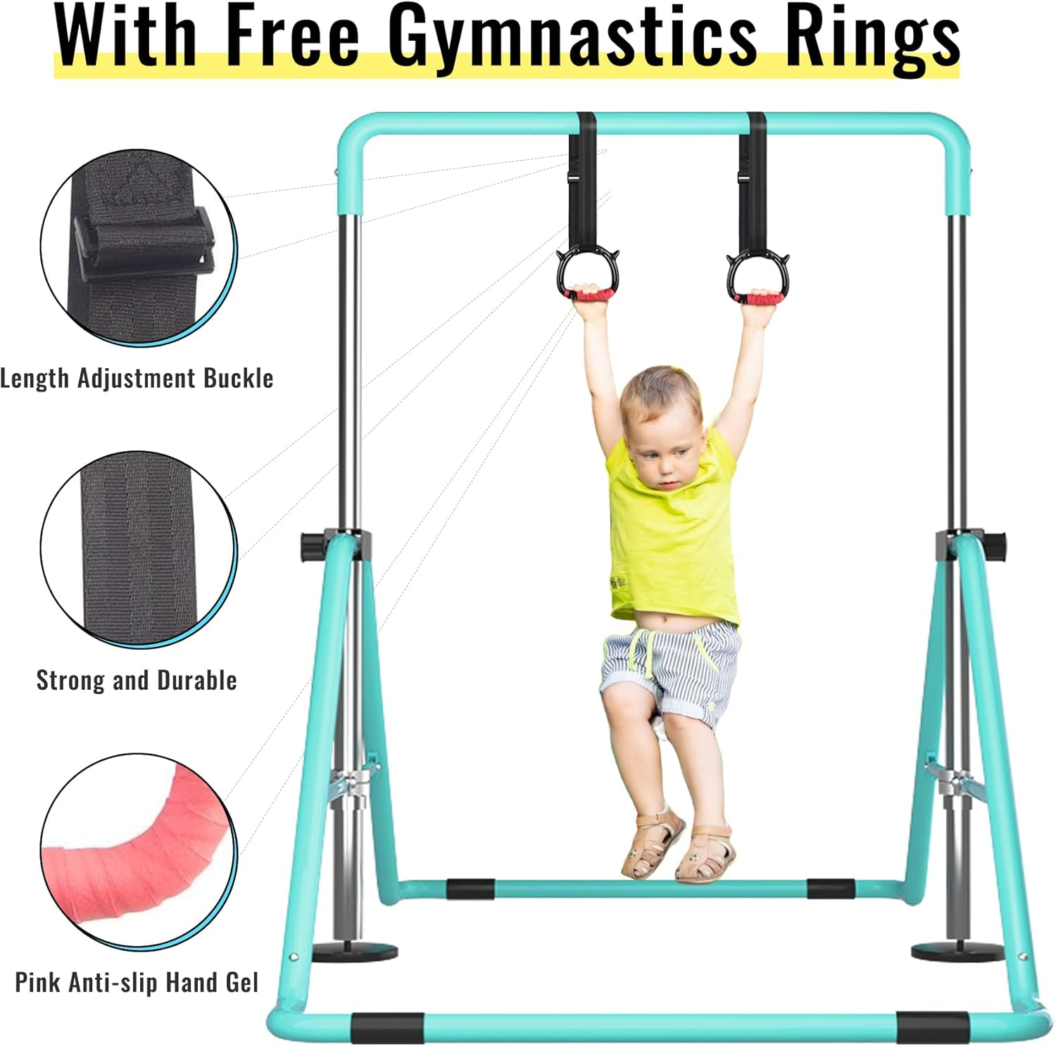 WATBKHE Gymnastic Bars for Kids, Horizontal Bars with Adjustable Height, Folding Gymnastic Training Kip Bar with Rings, Expandable Bars for Boys and Girls, Gymnastic Training Equipment for Home - Basic- Purple image number 4