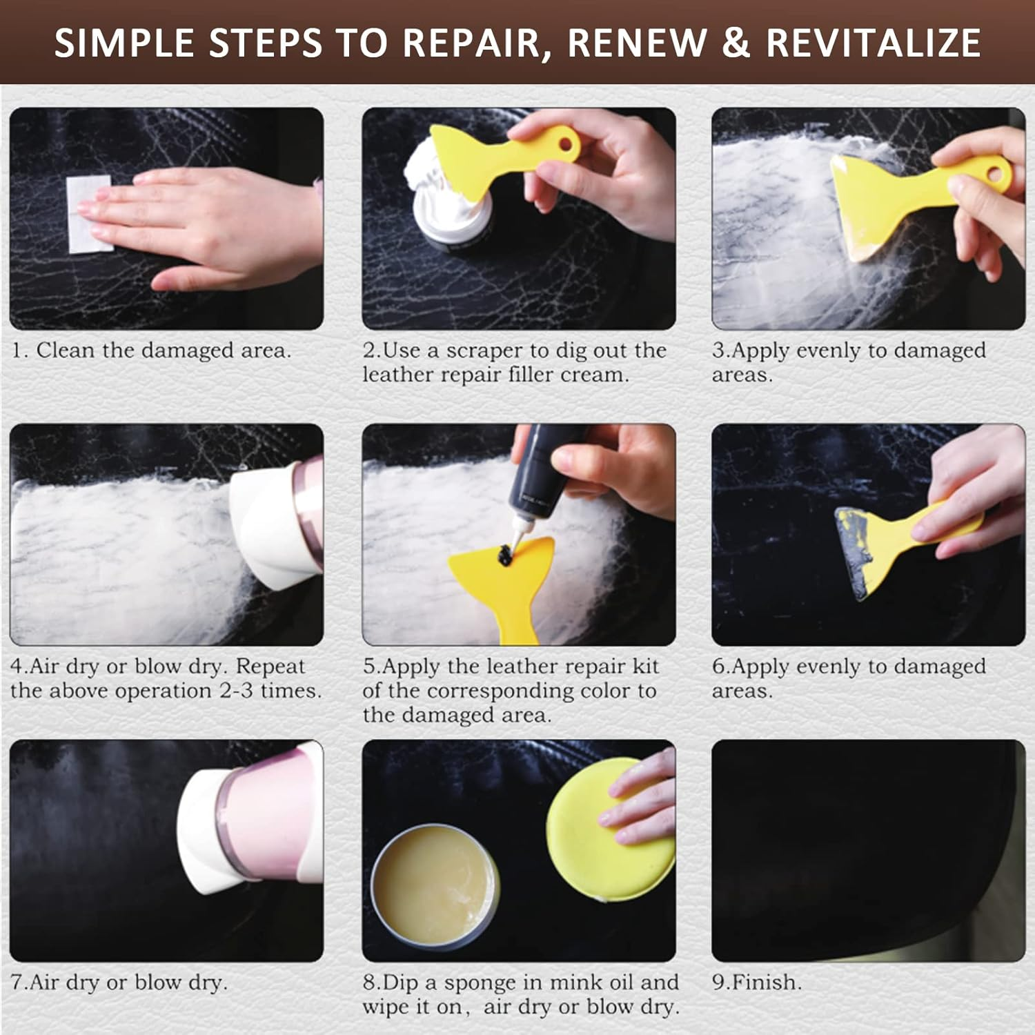 Black Leather Repair Kit for Furniture, Car Seat, Sofa, Boot, Shoes - Dye and Filler with Mink Oil - Brown White Vinyl Restorer for Cat Scratch, Burn Holes image number 2