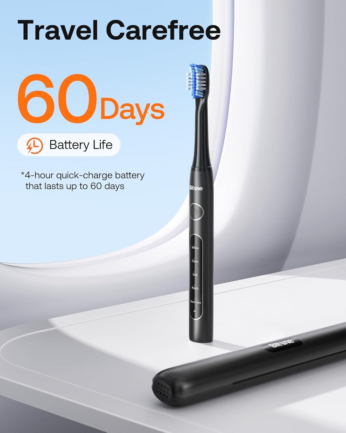 Bitvae Sonic Electric Toothbrush for Adults and Kids, ADA Accepted Travel Electric Toothbrush with Rechargeable 60-Day Battery Life, 8 Toothbrush Heads, 5 Modes, Toothbrush Holder, Black image number 1