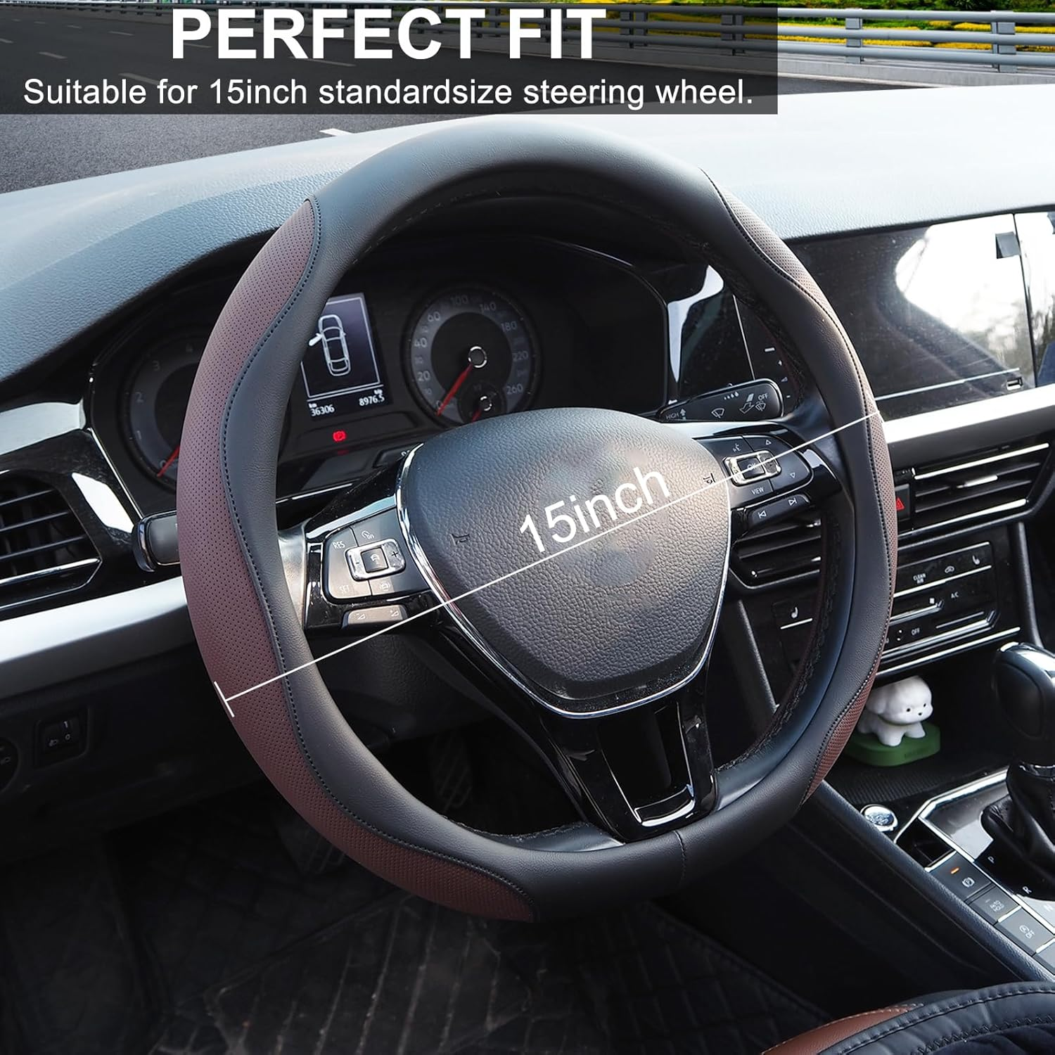 Nappa Leather Car Steering Wheel Cover, anti Slip, Thin, Breathable, Odor-Free, Universal 14.5-15 Inches Fit, Car Steering Wheel Cover Full Surround Aeecssories (Black B-Nappa Leather) image number 6