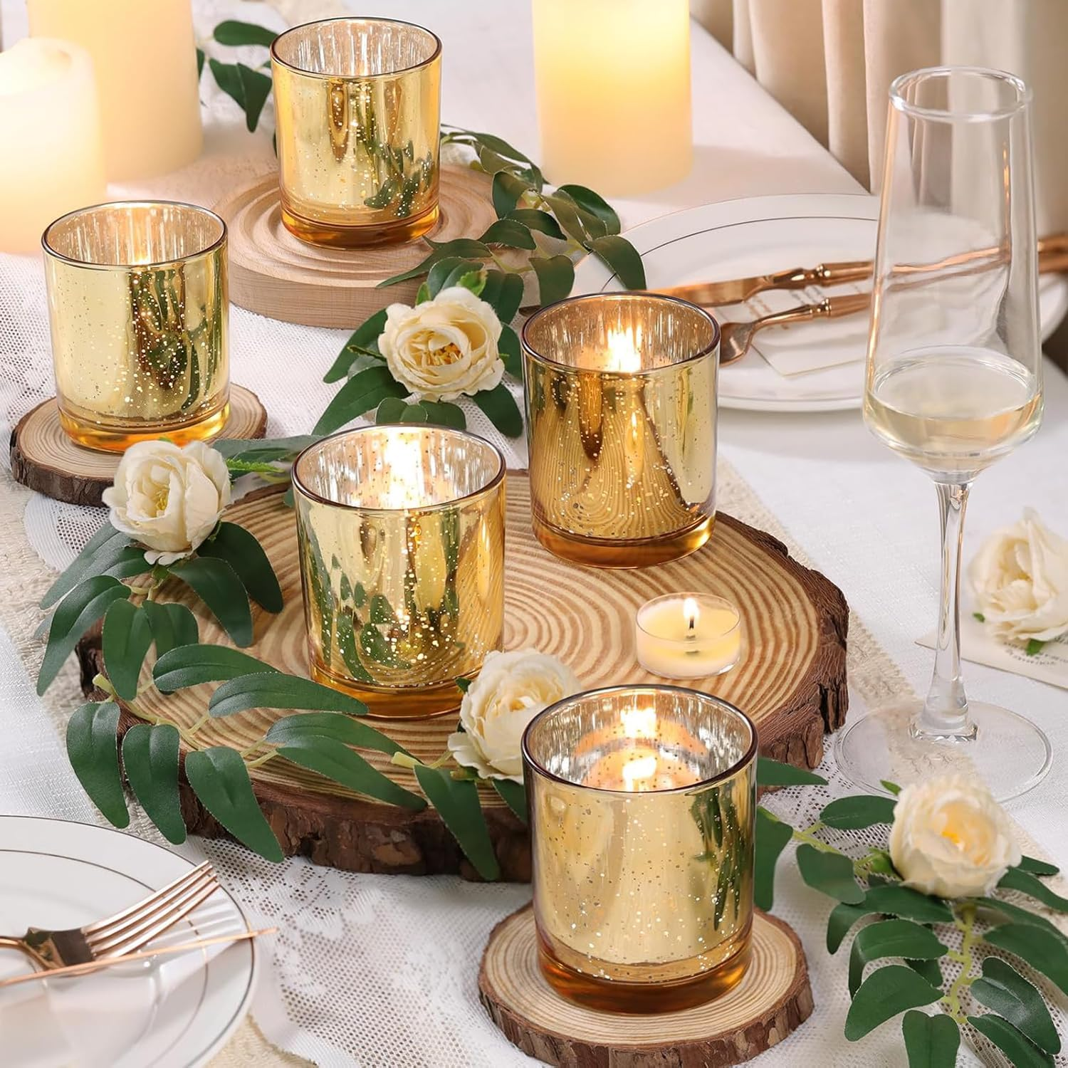 Candle Holders Votive 6Pcs, Gold Glass Tea Light Holders Bulk for Weddings, Events, Table Centrepiece, Christmas, Valentine, and Party and Holiday Decorations image number 4
