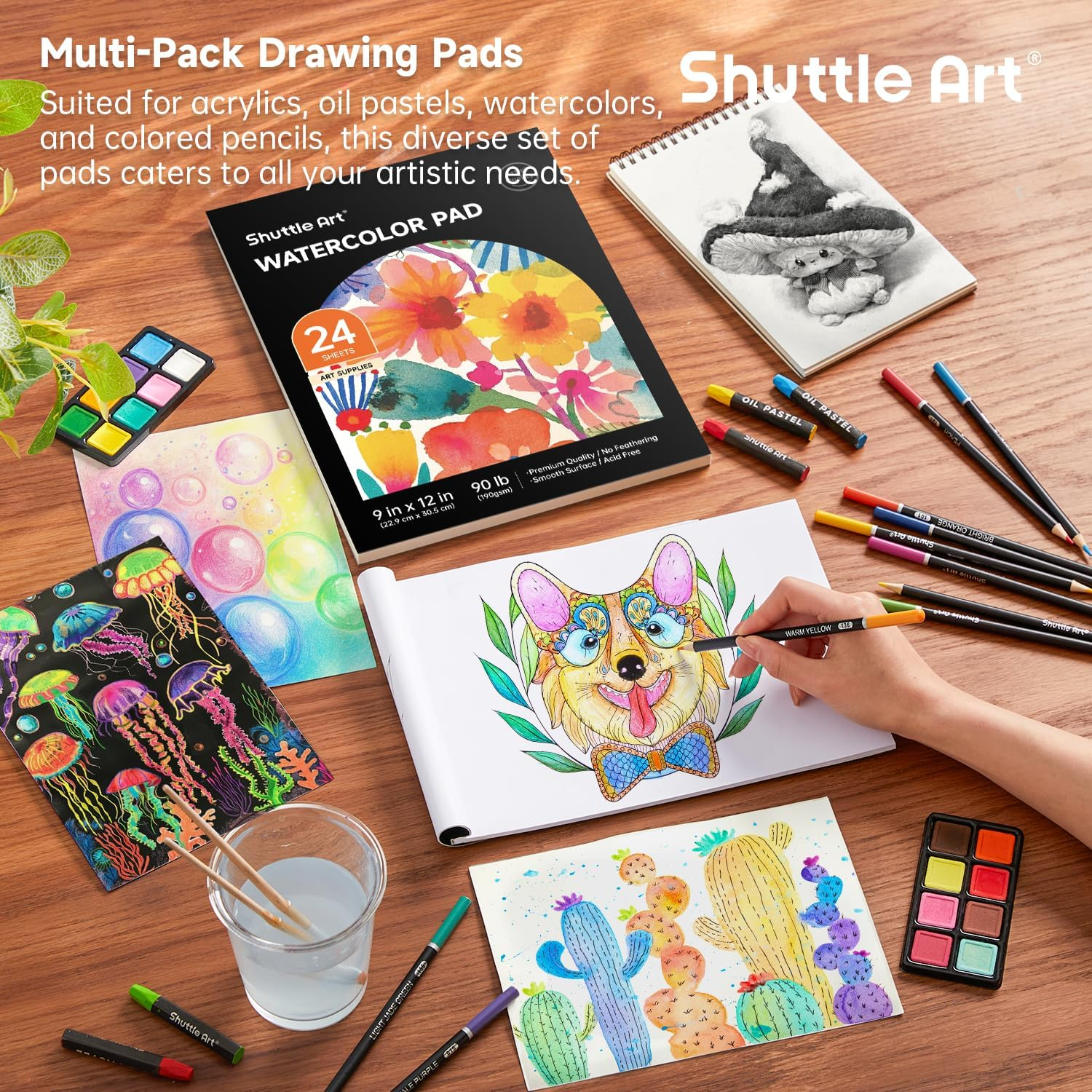 118 Piece Deluxe Art Set, Shuttle Art Art Supplies in Wooden Case, Painting Drawing Art Kit with Acrylic Paint Pencils Oil Pastels Watercolor Cakes Coloring Book Watercolor Sketch Pad for Kids Adults image number 6