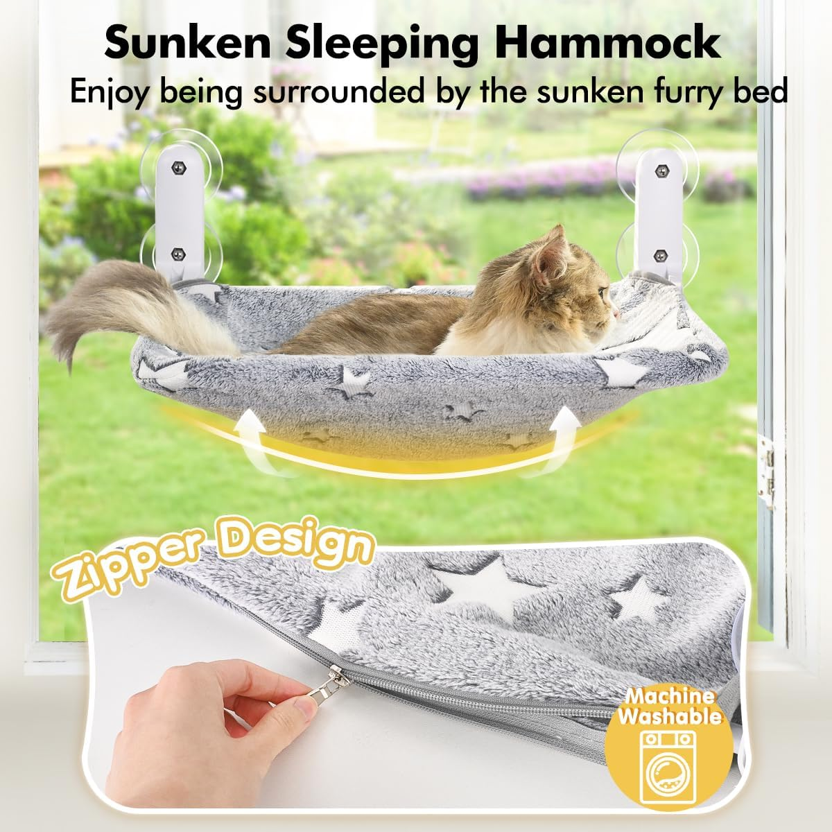 2PC Cat Window Perch, Glow in the Dark Cordless Foldable Pet Hammock Bed for Window with Sturdy Metal Frame, Glowing Stars Pattern Resting Seat for Indoor Cats (2PC Stars - M) image number 3