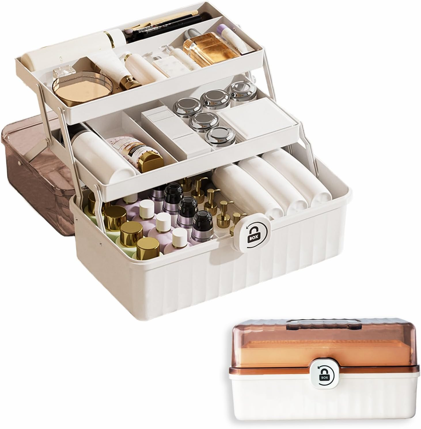 VNIMTI Makeup Display Case, 3 Layer Cosmetics Organizer, Large Makeup Vanity Organizer Storage Box, Jewelry & Skincare Organizers for Bedroom, Countertop, Foldable, White image number 5