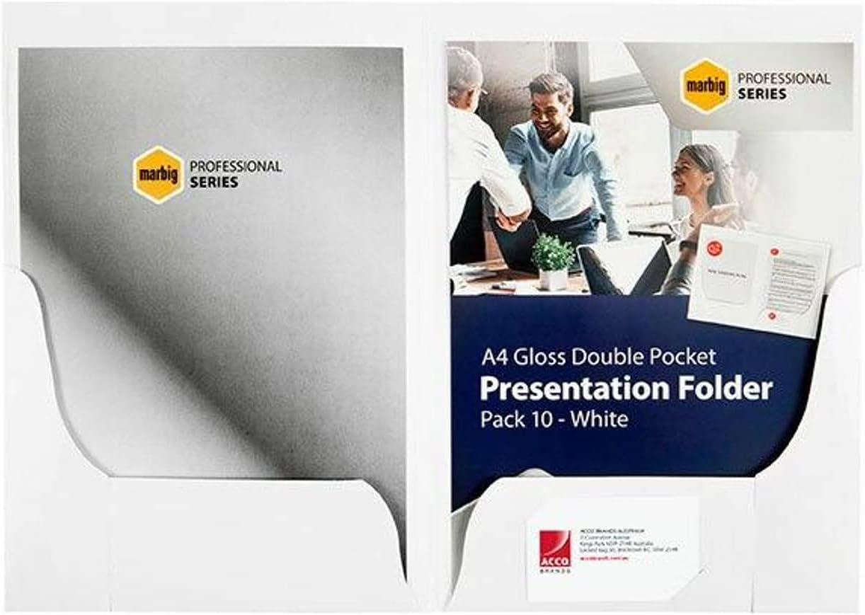 Marbig (R) 1104108 Professional Series Presentation Folders A4 Double Pocket Gloss White Pack 10