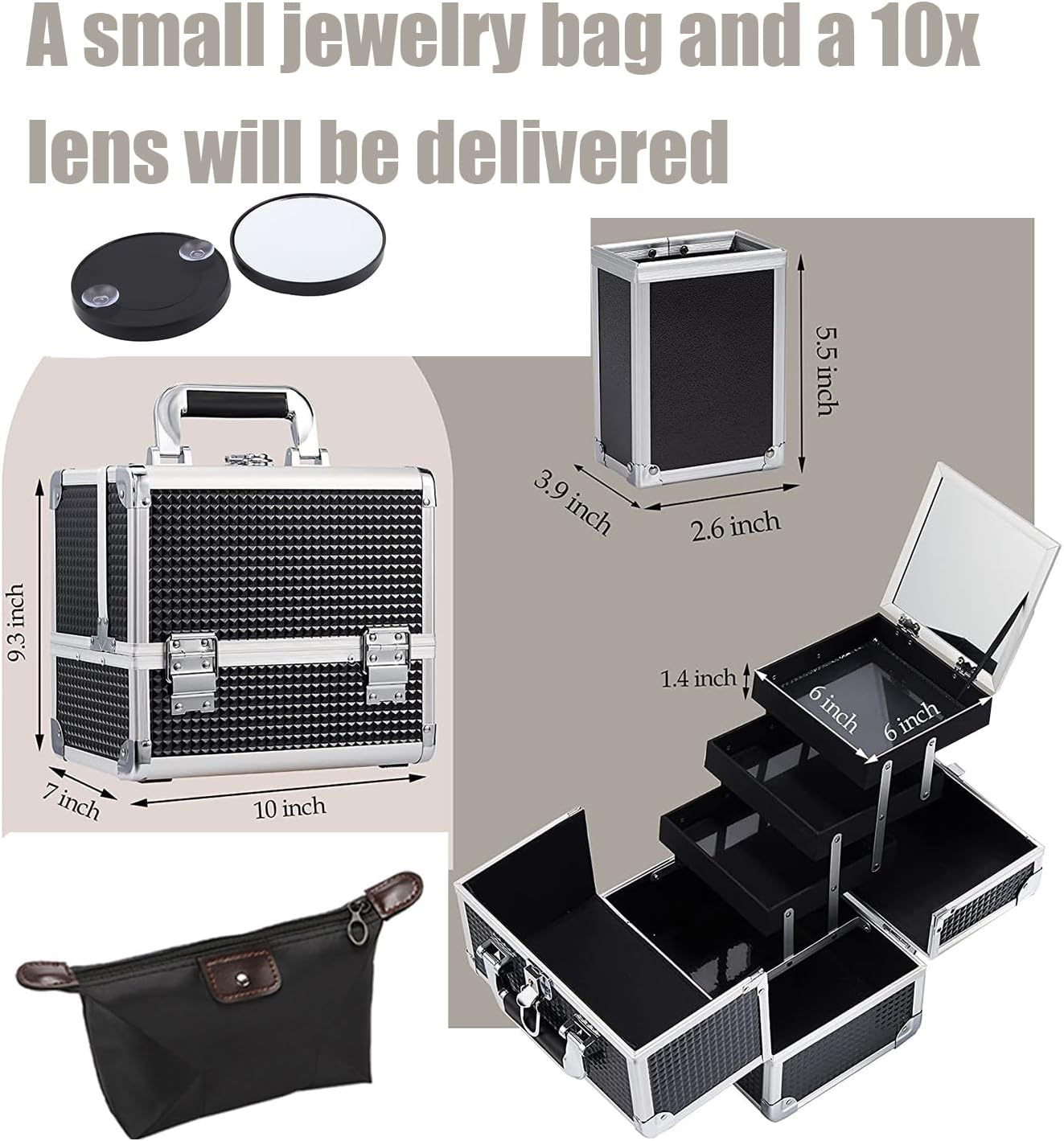 Makeup Box with Drawer, Waterproof Travel Train Case, Cosmetic Organizer and Makeup Suitcase ，Multi Compartments Beauty Box and Shoulder Strap (Black) - Black image number 3