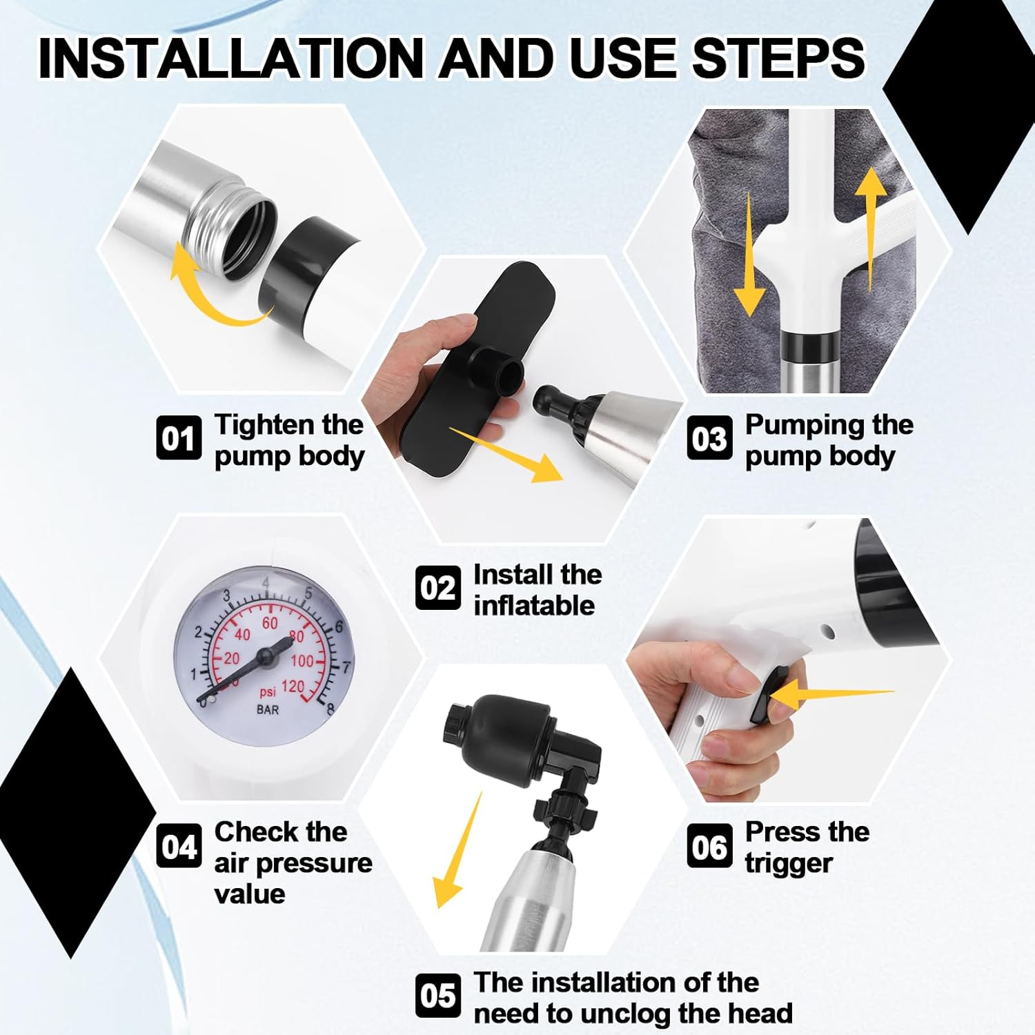 MEKOTRIN High Pressure Toilet Plunger Drain Clog Remover Sink Plunger Plumbing Tools for Bathroom Sink Floor Kitchen Clogged Stainless Steel (White) image number 4