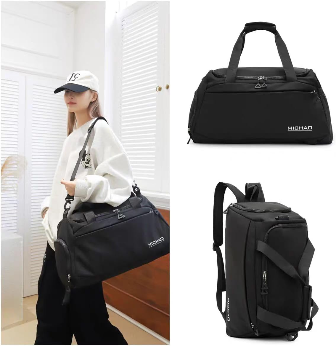 Gym Bag for Men and Women with Shoes Compartment - 3 in 1 Sports Duffle Bag Travel Backpack Weekender Overnight Bag with Multiple Pockets (Black) image number 5