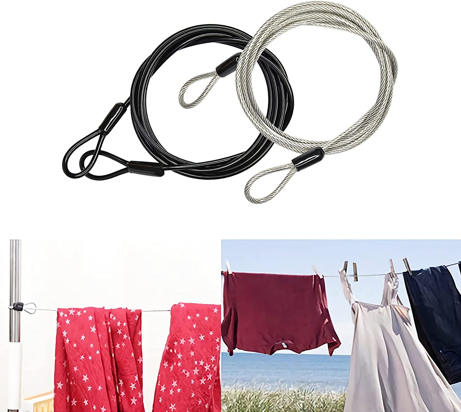 GOMRQING 3Mm 200Cm/6.6Ft Long Outdoor Travel Security Cable Lock, Braided Steel Coated Safety Cable Luggage Lock, Double Loop Lightweight (2 Pack)