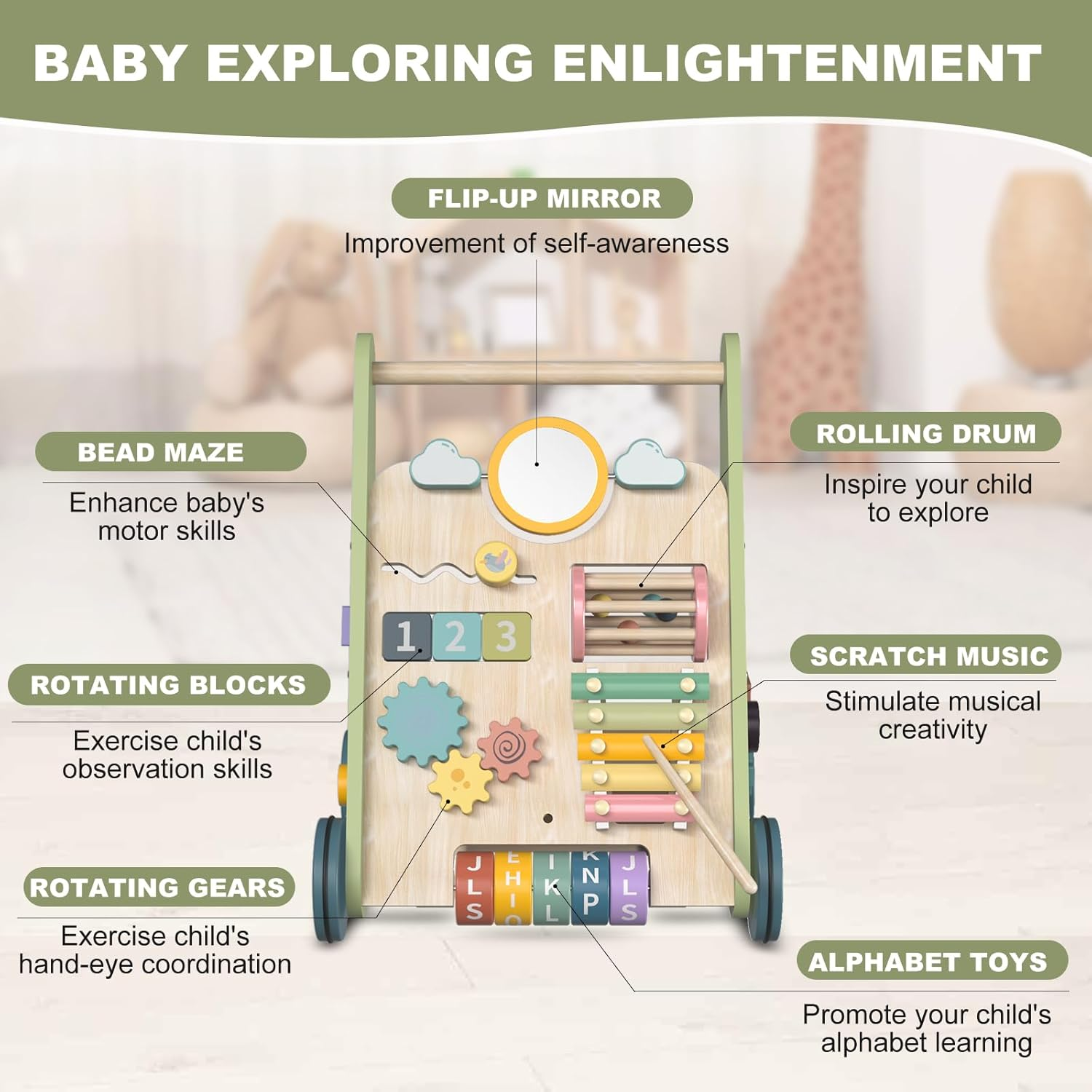 Wooden Baby Walker Wheels,Baby Push Walker for Babies 6-12 Months Montessori,Toddler Push Toy Wooden Activity Walker for Baby Boy,Walking Toys for 1 Year Old Learning to Walk Girl Christmas image number 3