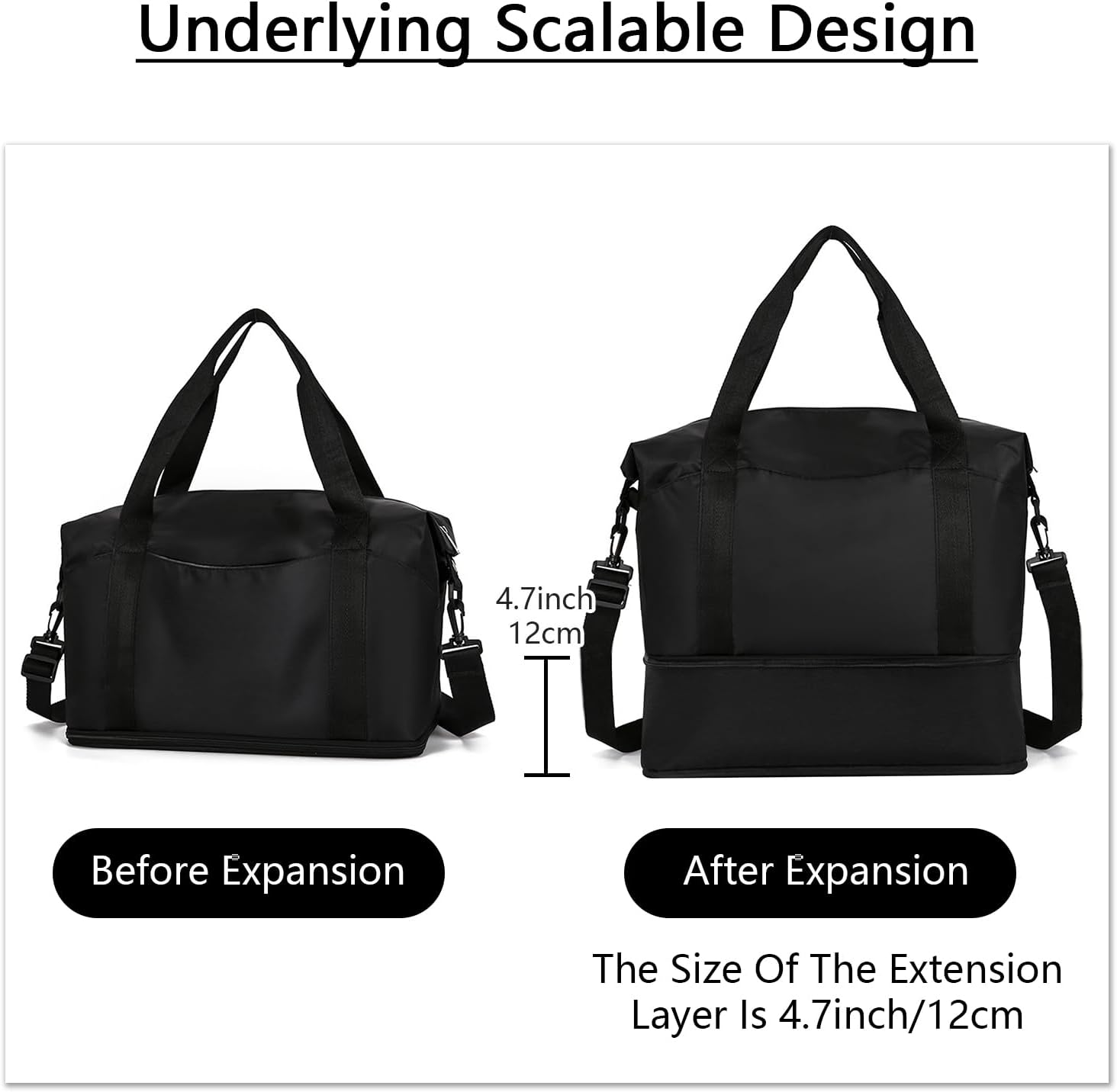 Lizbin Weekender Bags for Women, Personal Item Travel Bag, Overnight Bag Luggage Bag, Foldable Sports Tote Gym Bag for Men, Travel Tote Bags with Detachable Shoulder Strap and Wet Compartment (Black) image number 1