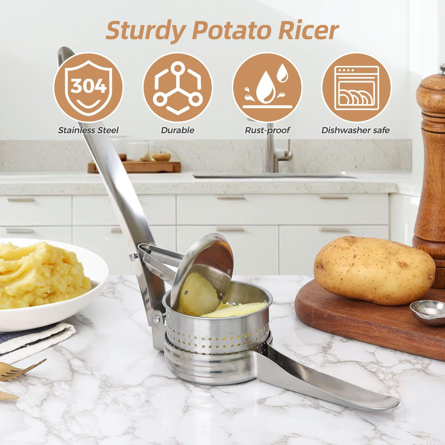 Yopinmall 15 OZ Potato Ricer, Stainless Steel Potato Masher Heavy Duty Ricer for Mashed Potatoes Kitchen Tool Potato Press Kitchen Gadget image number 1