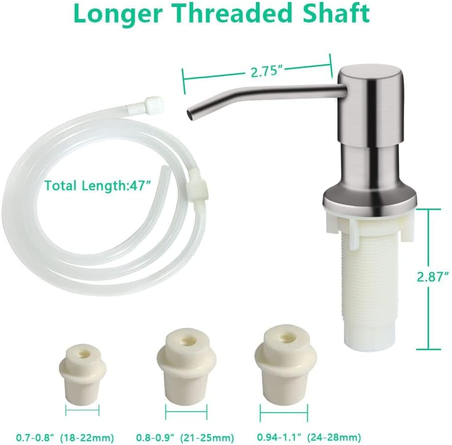 Soap Dispenser for Kitchen Sink, Sink Soap Dispenser with Longer Threaded Shaft Shank, 47" Extension Tube Connects Directly to Dish Soap Container, Wider Pump Head Base