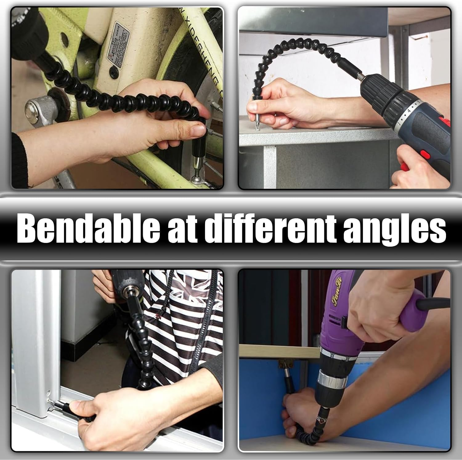 Flexible Drill Extension, 2-Piece Screwdriver Flex Shaft, 11.6-Inch Universal Drill Attachment for Electrical Cabinets and Furniture, Computer Chassis (Black)