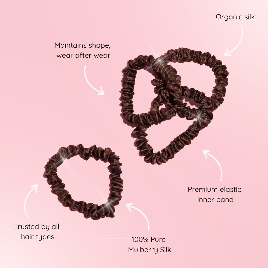 SILKIE 100% Pure Mulberry Silk Scrunchies Set of 4 Brown Travel Pouch Hair Care Elastic Hair Ties Ponytail Holder image number 3