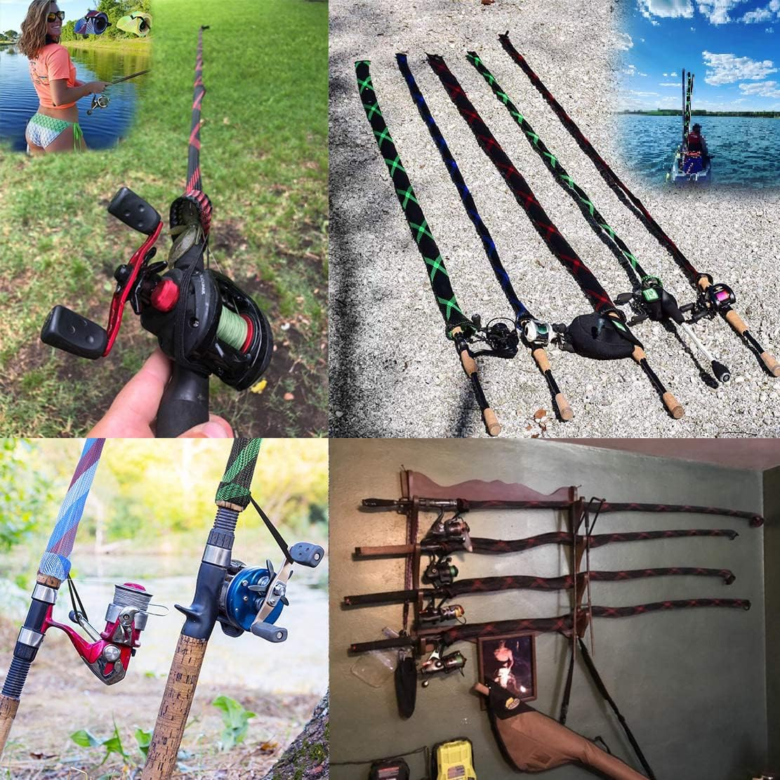 Rod Cover Sleeve,6 Pack Fishing Rod Socks for Fly Spinning Casting Sea Rod, Braided Mesh Fishing Pole Gloves Protector Gear W/ 6 Pack Rod Ties Straps,Fishing Accessories Tools,1 Dozen Kit by STSTECH image number 2