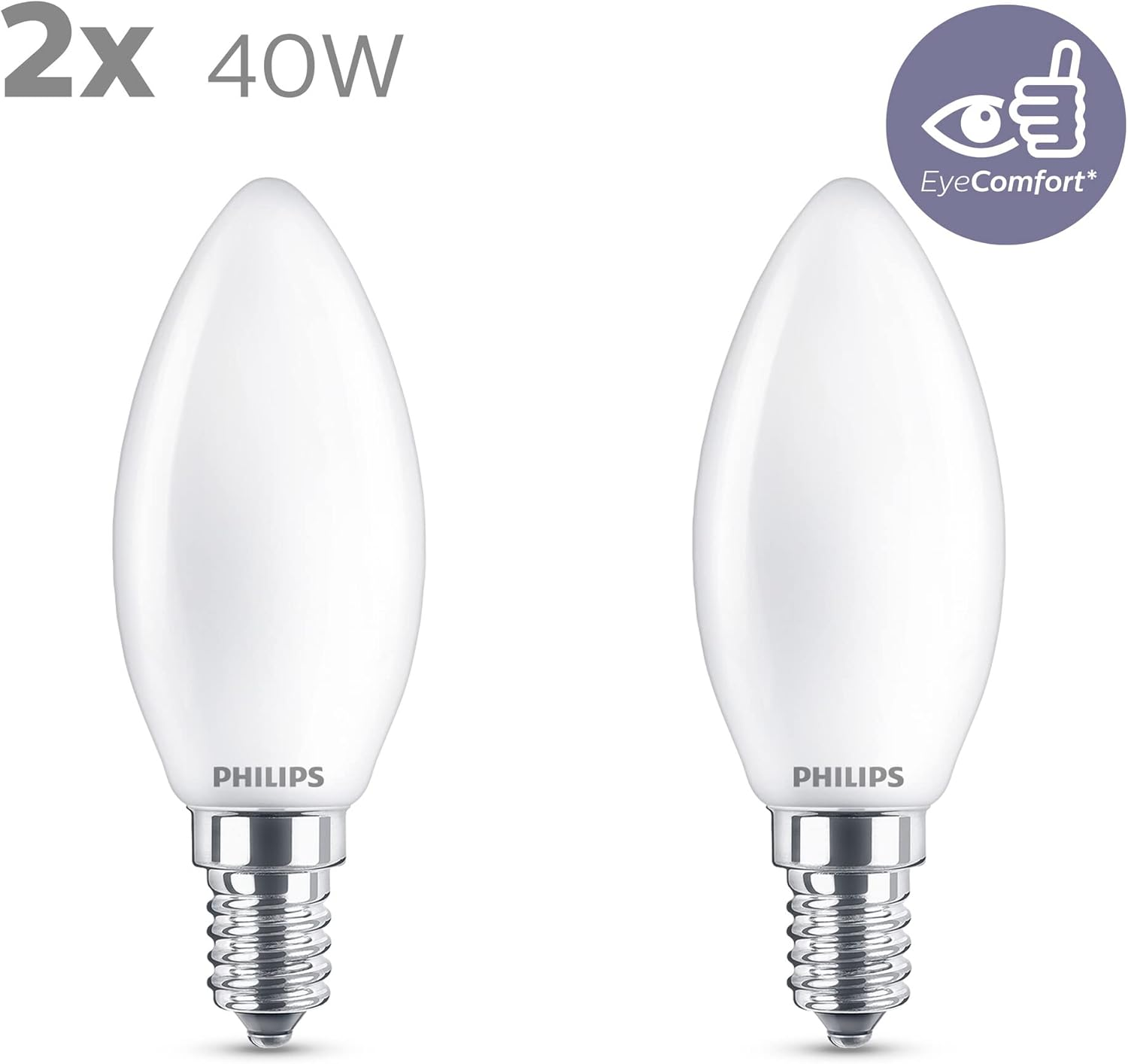 Philips LED Classic E14 Bulb, 40 W, Candle Shape, Matt, Warm White, Pack of 2