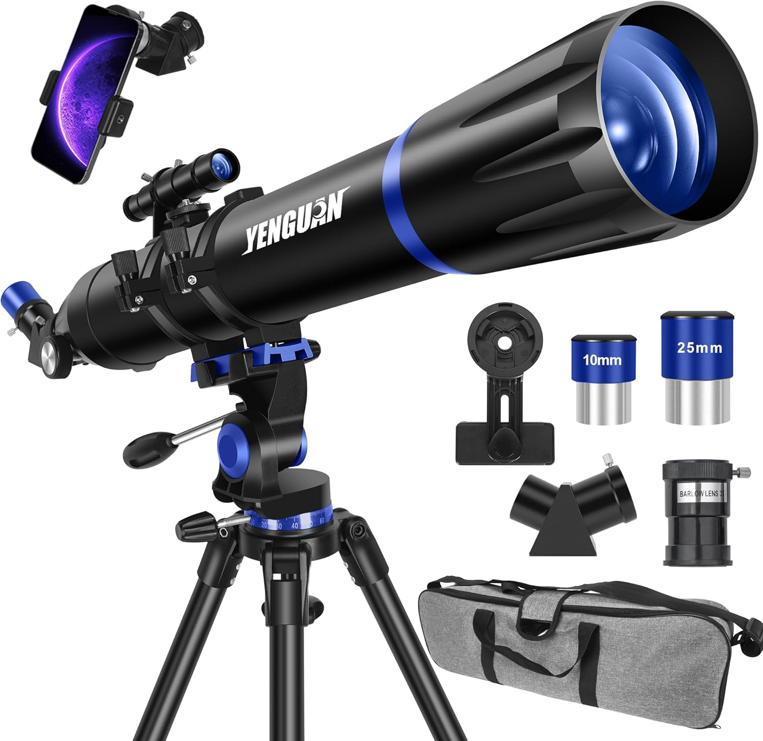 Telescope, 90Mm Aperture 800Mm-Telescope for Adults & Kids, Professional Refractor Telescopes for Adults High Powered, Beginner-Friendly, Phone Adapter & Stable Stainless Tripod, Portable Carry Bag
