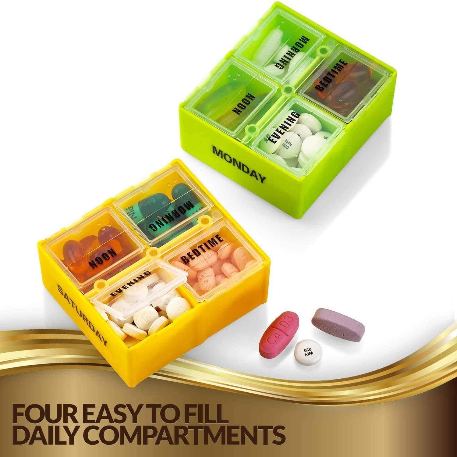 Large Weekly Pill Organizer Box in Gold Leather Case - 7 Day Week Pill Planner Organizers & Medication Reminder with 4 Times a Day - Daily Compartments That Is Ideal for Travel by Medca &hellip; image number 5