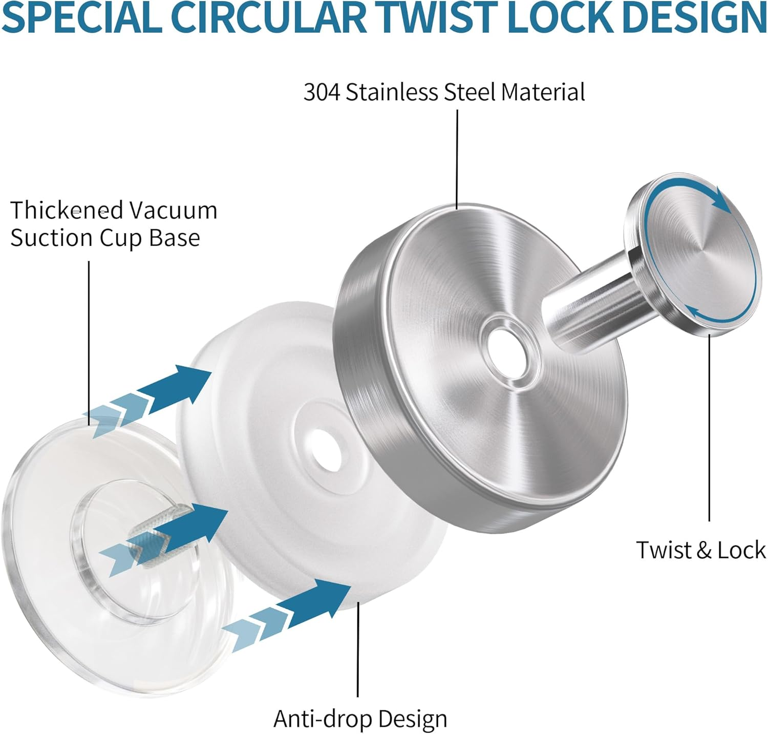 Suction Cup Hooks for Shower,2 Packs Wall Mount Towel Holder,Removable Shower Towel Suction Hooks for Bathroom Wall,Kitchen,Glass,Mirror,Tile to Hang Robes,Loofah-Silver image number 4