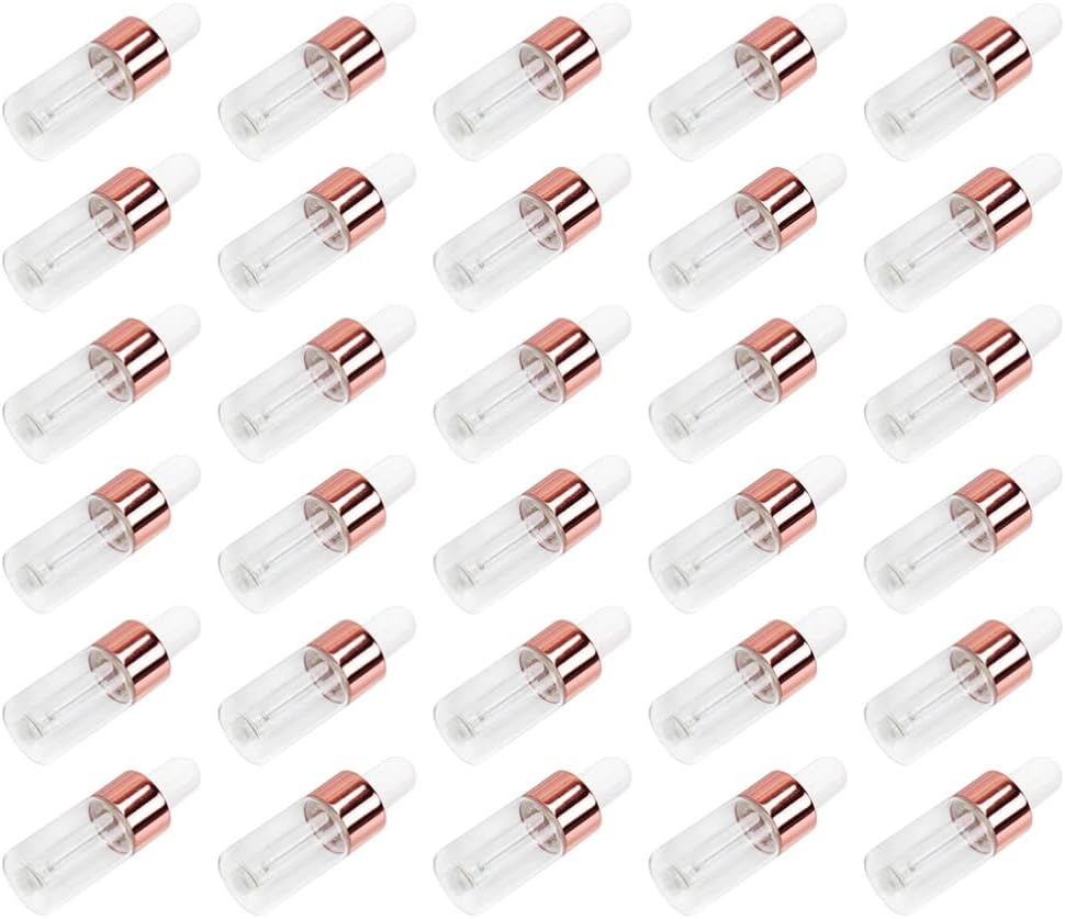ULTECHNOVO 50Pcs Essential Oil Bottle 5Ml Dropper Bottles Glass Bottles with Droppers Glass Bottle with Dropper Glass Container with Lid Carafe with Lids Mini Travel Chemicals Soda Lime Glass