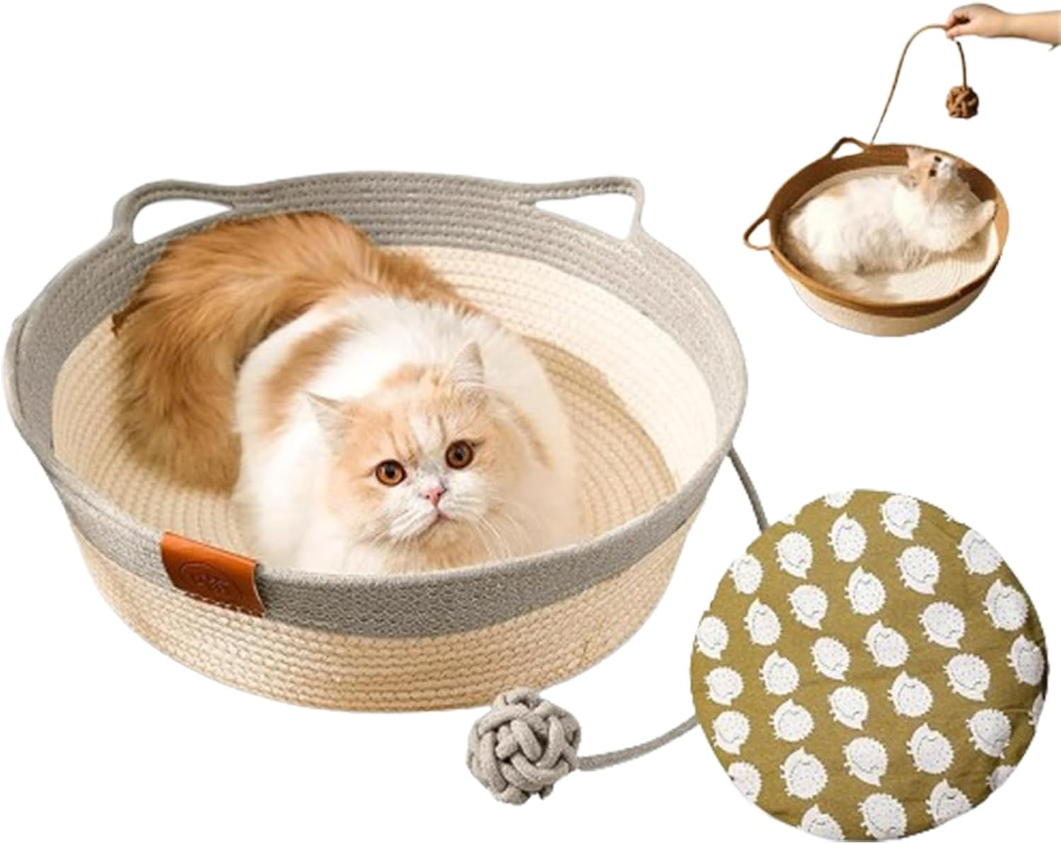 Handwoven Cotton Rope Cat Basket Breathable & Easy to Clean, Foldable Scratchable Cat Bed with a Playing Ball for Kittens (Grey with Cushion-M)