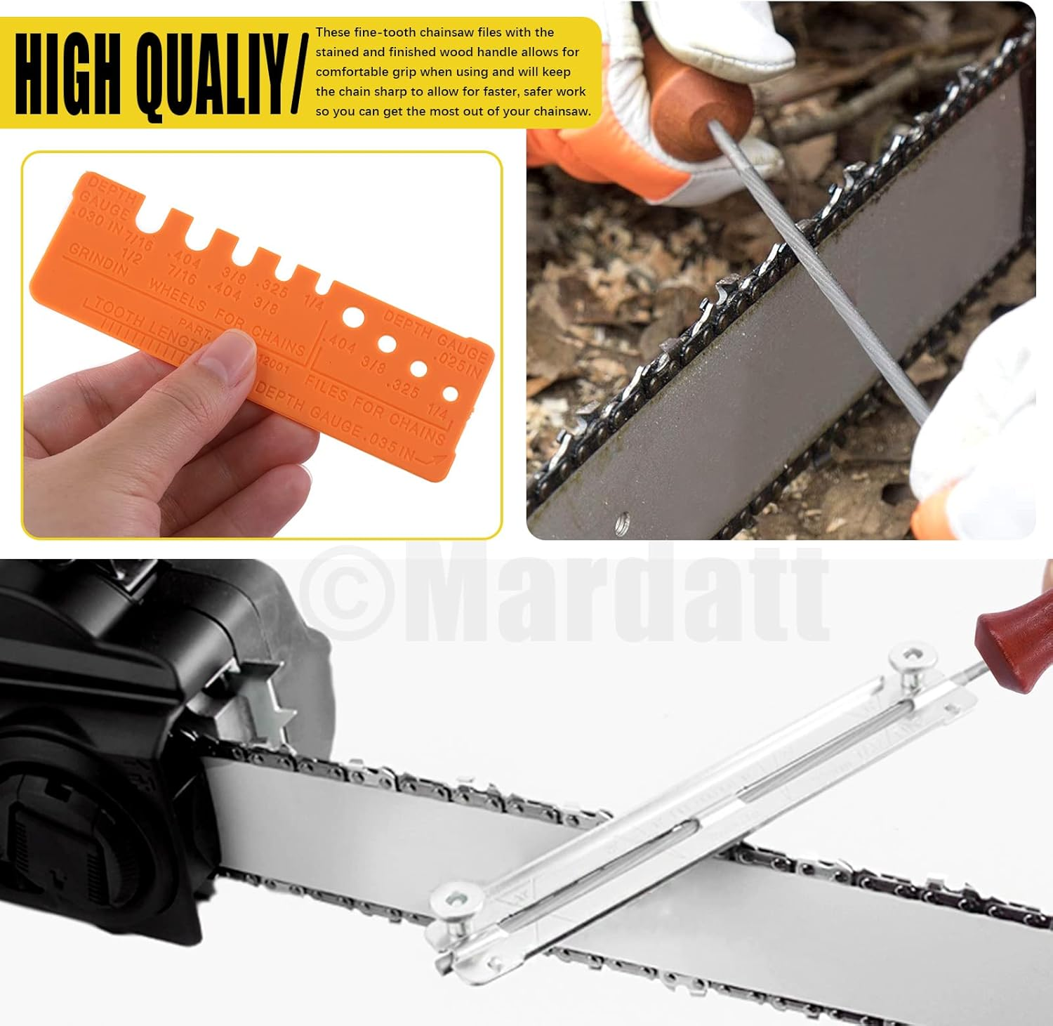 10Pcs Chainsaw Sharpener File Kit Includes 5/32'', 3/16'', 7/32" round Chainsaw Files, Flat File, Wood Handle, Depth Gauge, Filing Guide for Sharpening Filing Chain Saw Teeth Blade