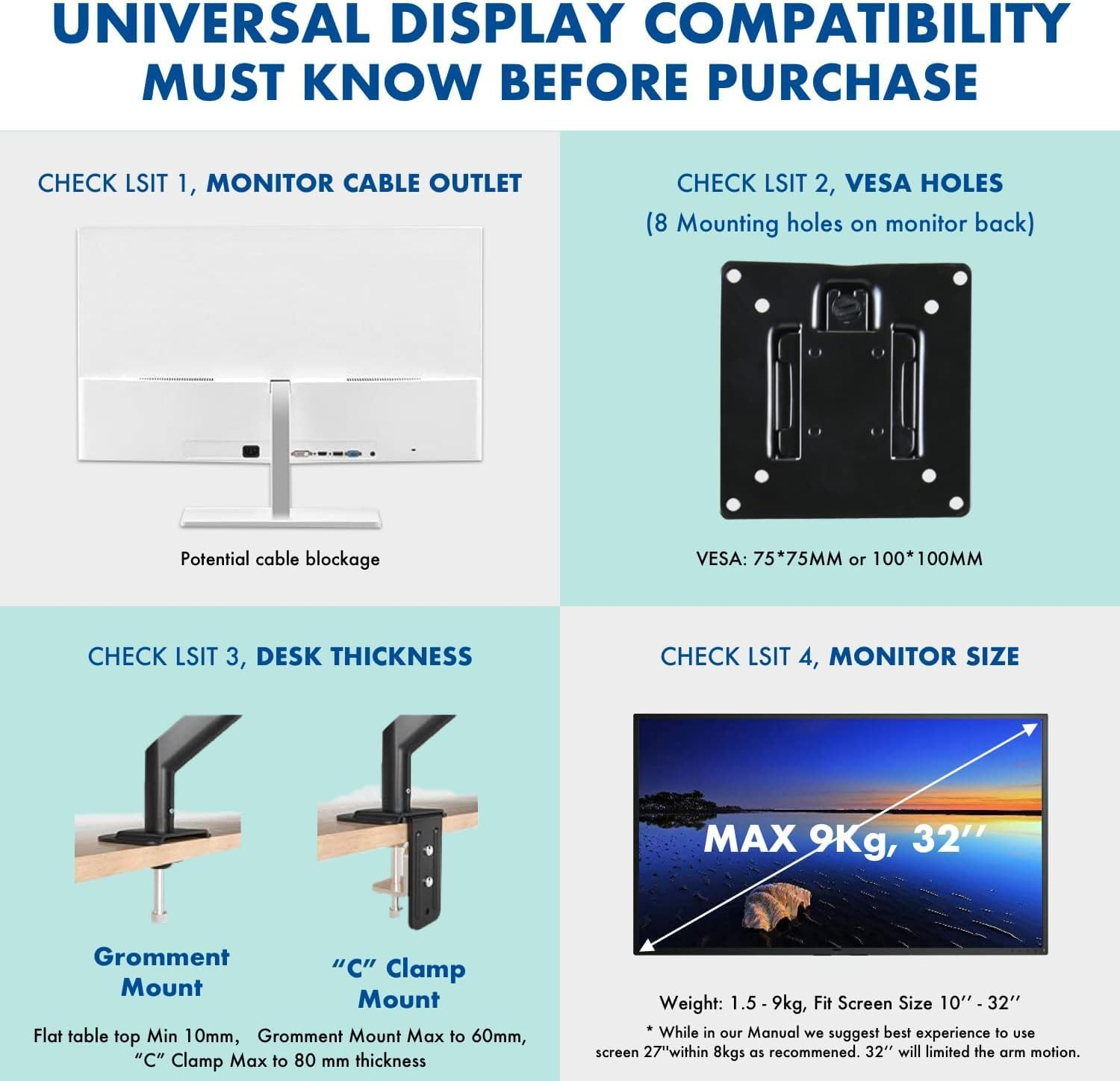 Single Monitor Arm Aluminium - Gas Spring Monitor Arm 13-32 Inch Screen, Adjustable Ergonomic Monitor VESA Mount Screen Stand, Aluminium Gaming Monitor Mount &Grommet Mounting Base, 4.4-19.8Lbs