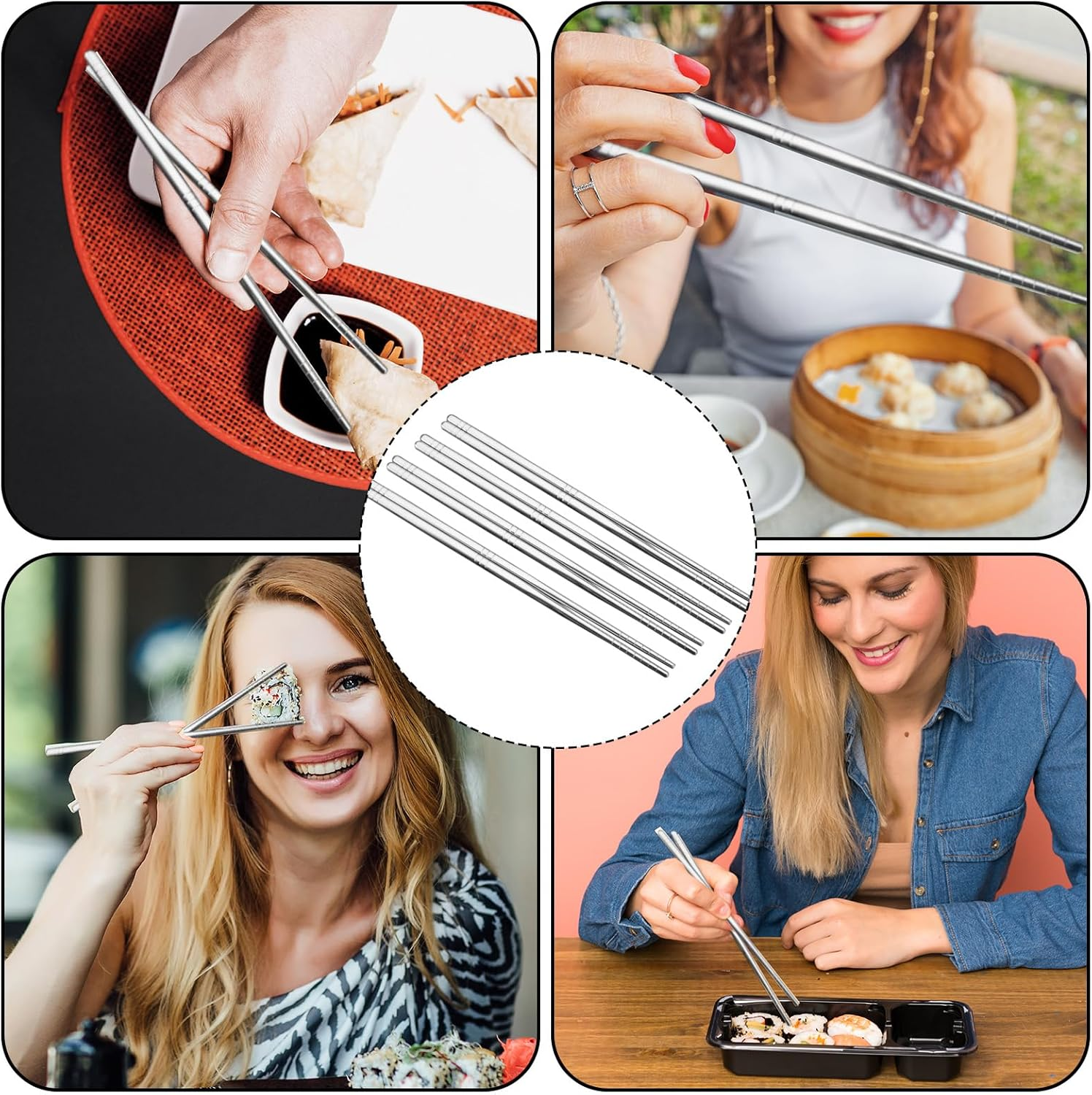 5 Pairs Metal Chopsticks, Stainless Steel Reusable Chop Sticks, Stainless Steel Tableware, Dishwasher Safe Metal Chopsticks Cutlery , Easy to Use Crockery Set, Gift Set (Silver) image number 5