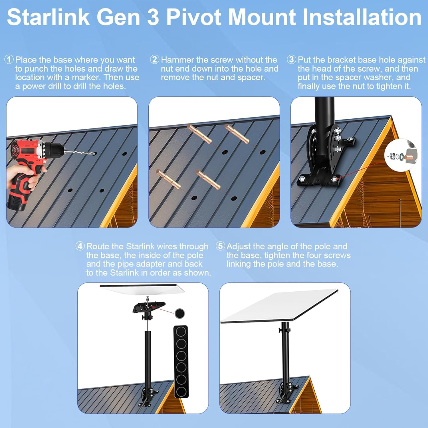 Starlink Gen 3 Heavy Duty Pivot Roof Mount, Adjustable 360 Degree for Better Signal, Starlink Mounting Kit for Starlink Internet Kit Satellite, Compatible with Starlink Standard Gen 3 Dish (Black) image number 3
