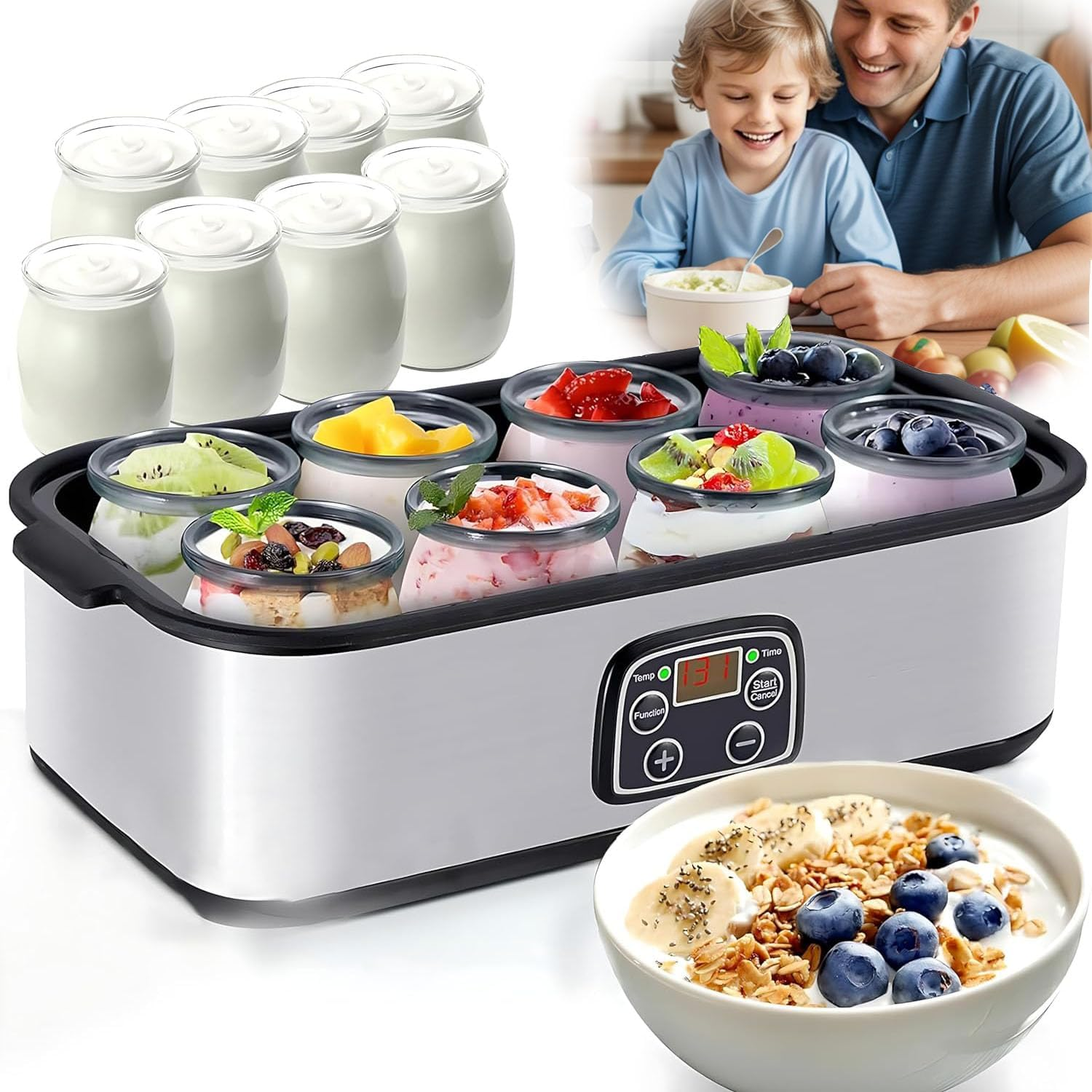 Yogurt Maker, Automatic Digital Yoghurt Maker Machine with Timer & Constant Temperature Control, Stainless Steel Probiotic Yogurt Makers with & LCD Display, 8 * 6 Oz Glass Yogurter Jars image number 2
