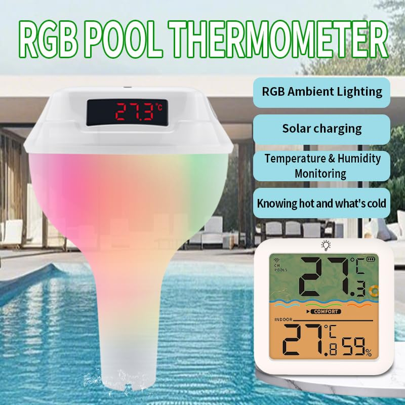 Wireless Floating Solar Pool Thermometer,Ip68 Waterproof,Rgb Dynamic Light,Indoor/Outdoor Temp/Humidity Monitor,100M Wireless Connection and Smart Alert for Swimming Pools, Spas, Hot Tubs, Ponds image number 3