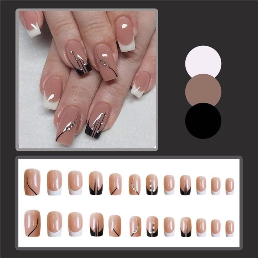 Ztcily French Pink Black Wedding Medium Length False Nails with Crystals for Women Accessories or Gift Idea for Christmas Valentine'S Day Mother'S Day image number 1