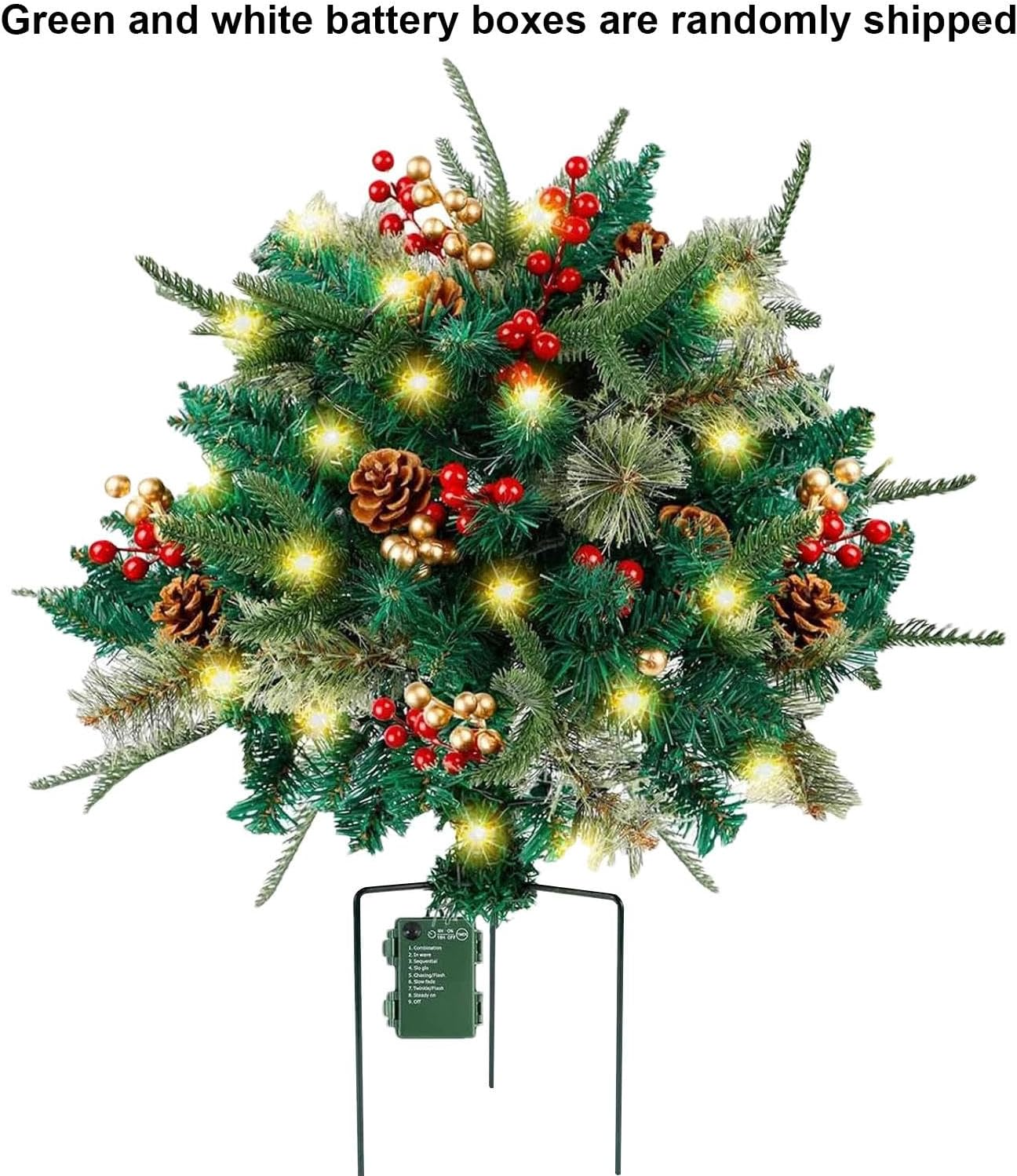 Decorative Christmas Pine Tree, Outdoor Lighted Faux Yard Tree with 8 Lighting Modes, Realistic Christmas Tree with Cones and Red Berries for Home Patio