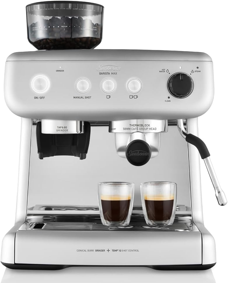 Sunbeam Barista Max Coffee Machine | Manual Espresso Machine, Latte & Cappuccino Coffee Maker with Integrated Bean Grinder & Steam Milk Frother, 15 Bar Italian Pump, Silver, EM5300S