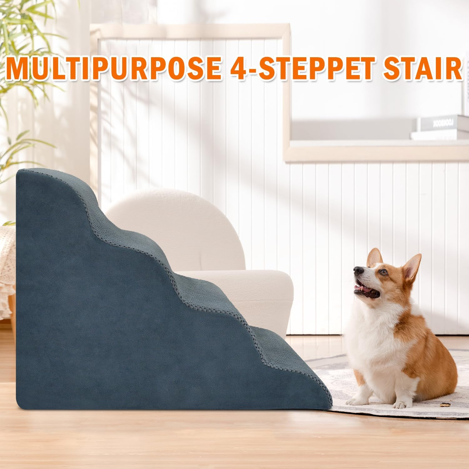 Anshine Dog Stairs and Ramp, 4 Tiers Non-Slip Pet Ramp for Small & Large Dogs, Dog Stairs for High Beds & Outdoor Steps Portable Pet Ramp for Safe Access image number 1