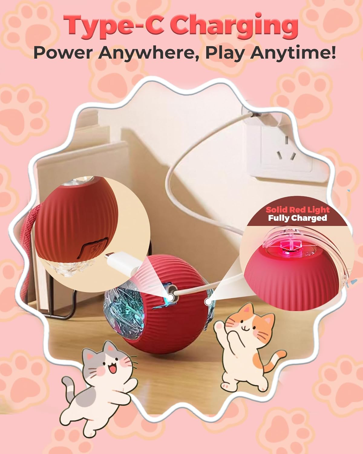 Cat Toy, Agile Moving Cat Ball with Elastic Mesh Tail, Interactive Cat Toy for Indoor Cats, with Motion Activated, Ultra-Fast Kitten Toy（Red image number 3