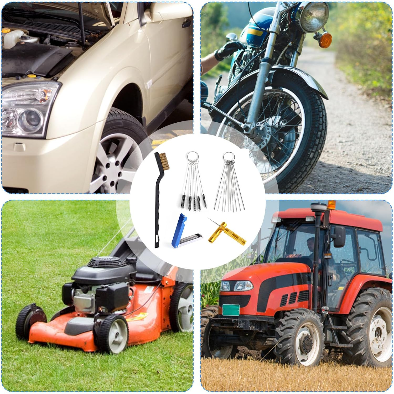 Carburetor Cleaning Kit, Includes 1 Single Head Brush 23 Needles 5 Nylon Brushes and 1 Scraper for Motorcycle ATV Chainsaw & Welder Maintenance