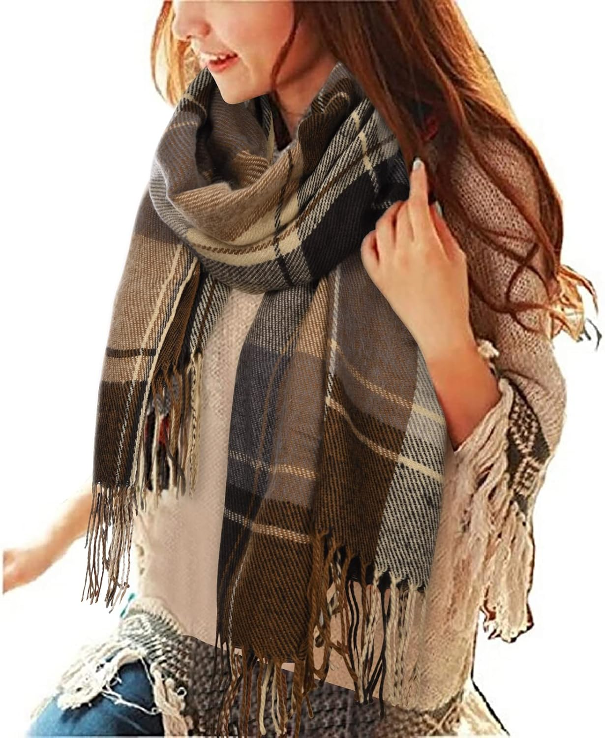 Heekpek Women'S Checked Oversized Cashmere Scarf Long Winter Scarf Soft Wraps Large Checked Fringe Scarf Warm Scarf for Autumn Winter image number 5